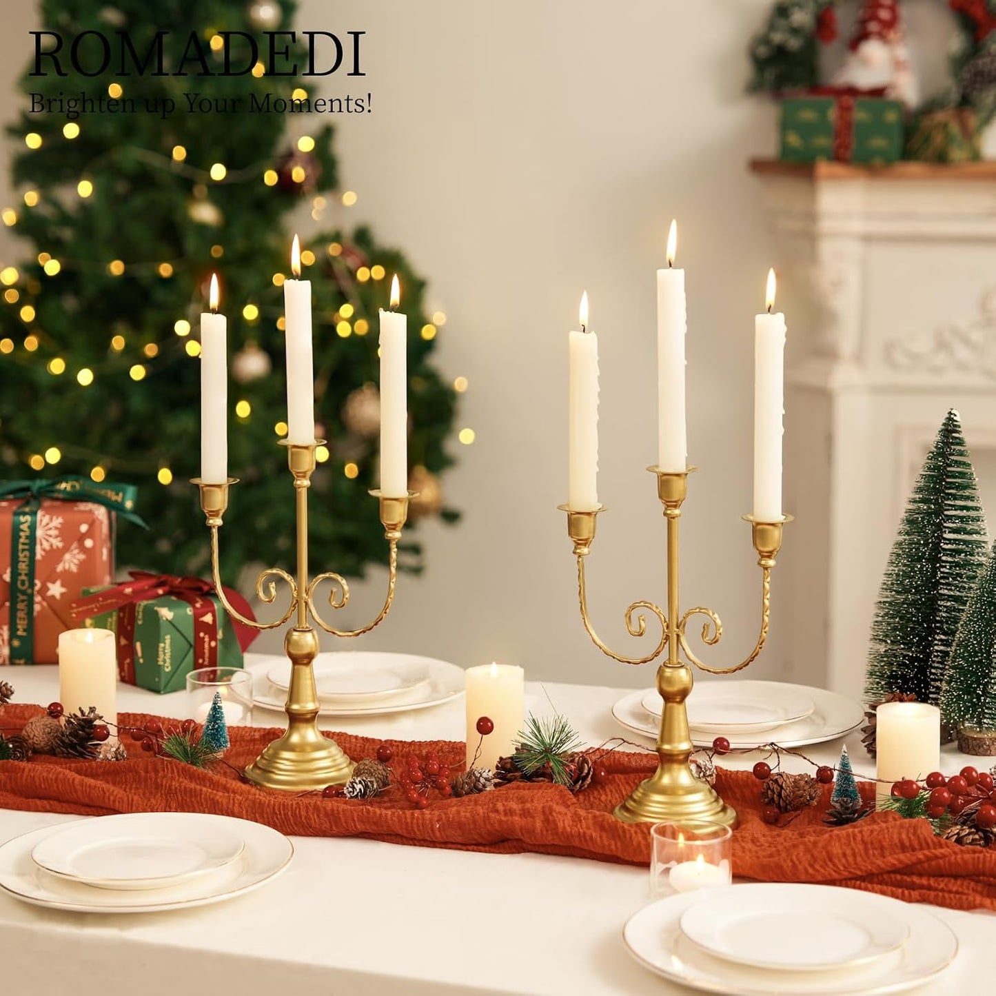 Romadedi Gold 3 Arm 11.8" Candelabra Candle Holders, Set of 2 | Wedding Candlestick Holder, Theme Party Table