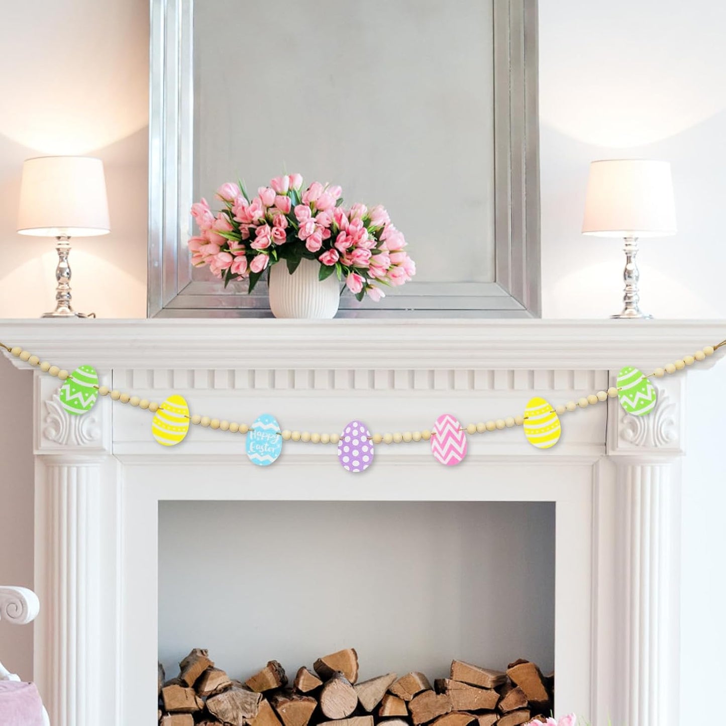 Easter Day Wooden Beads Garland / Green Yellow Blue / 4.2 ft