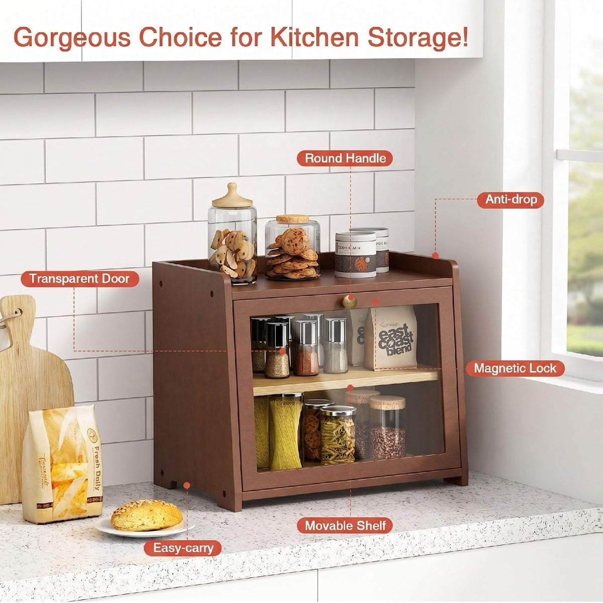 Goozii 2 Tier Bread Box for Kitchen Countertop, Double Layer Breadbox | Dark Brown Bamboo Wood | Storage Cabinet for