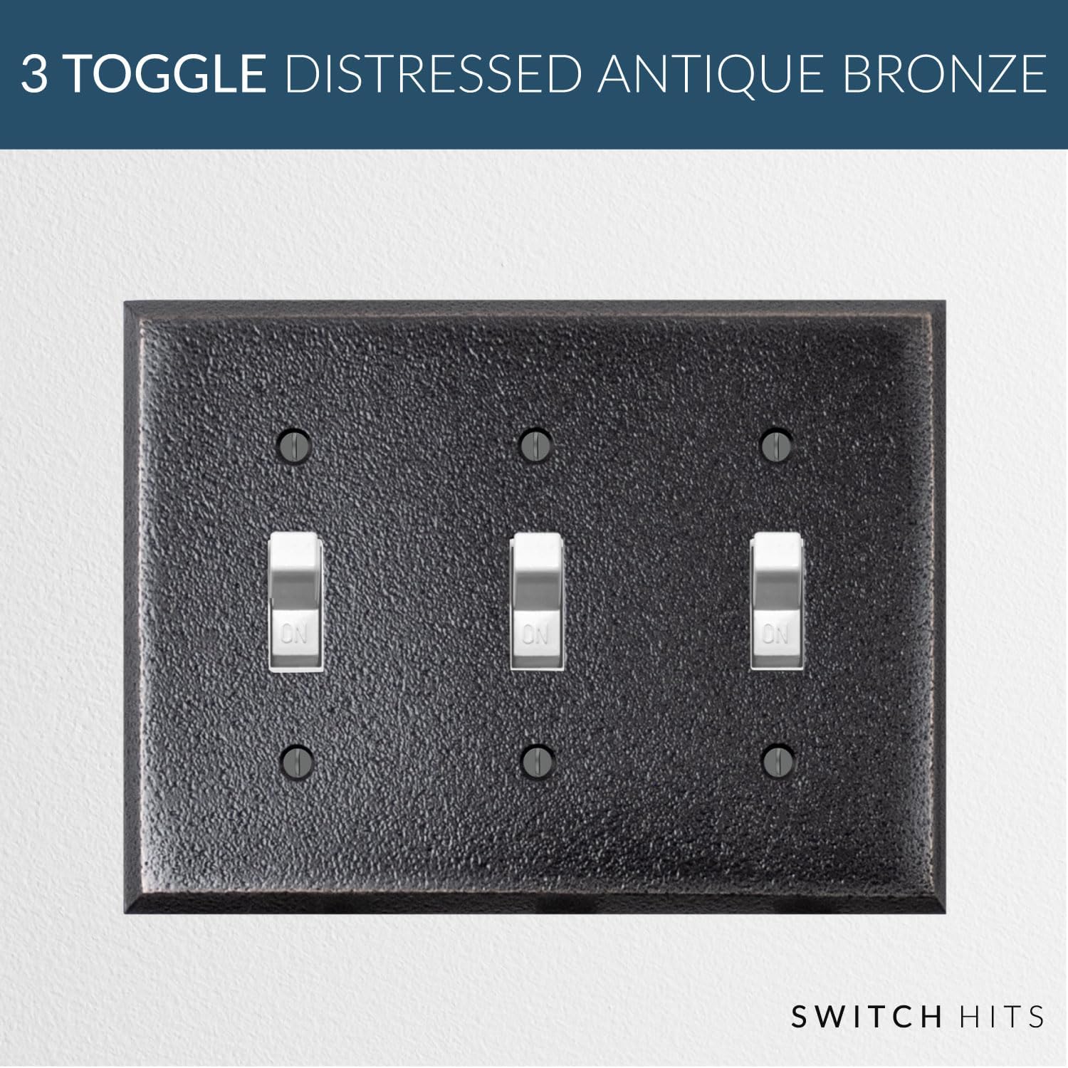 Distressed Antique Bronze Outlet Wall Plate | 3 Toggle | 6.25" x 4.5" | Hand-Polished Brass Construction | Electrical