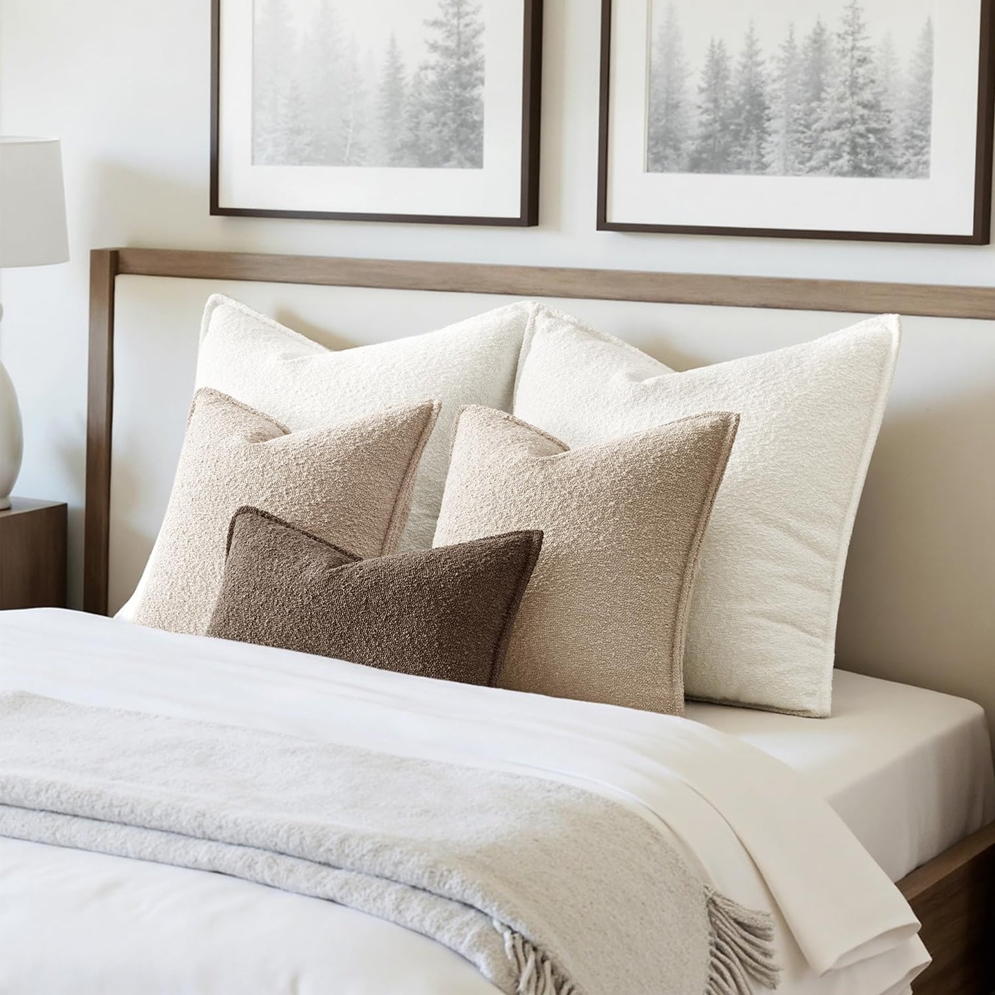Decorative Textured Boucle Throw Pillow Covers Broadside Thick Boho / 18 x 18 / Oatmeal / Set of 2
