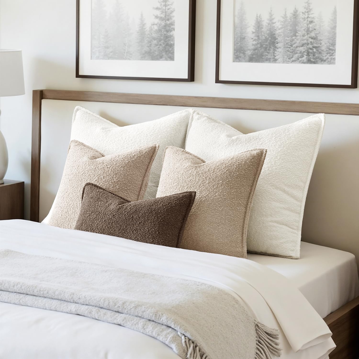 Decorative Textured Boucle Throw Pillow Covers Broadside Thick Boho / 18 x 18 / Oatmeal / Set of 2
