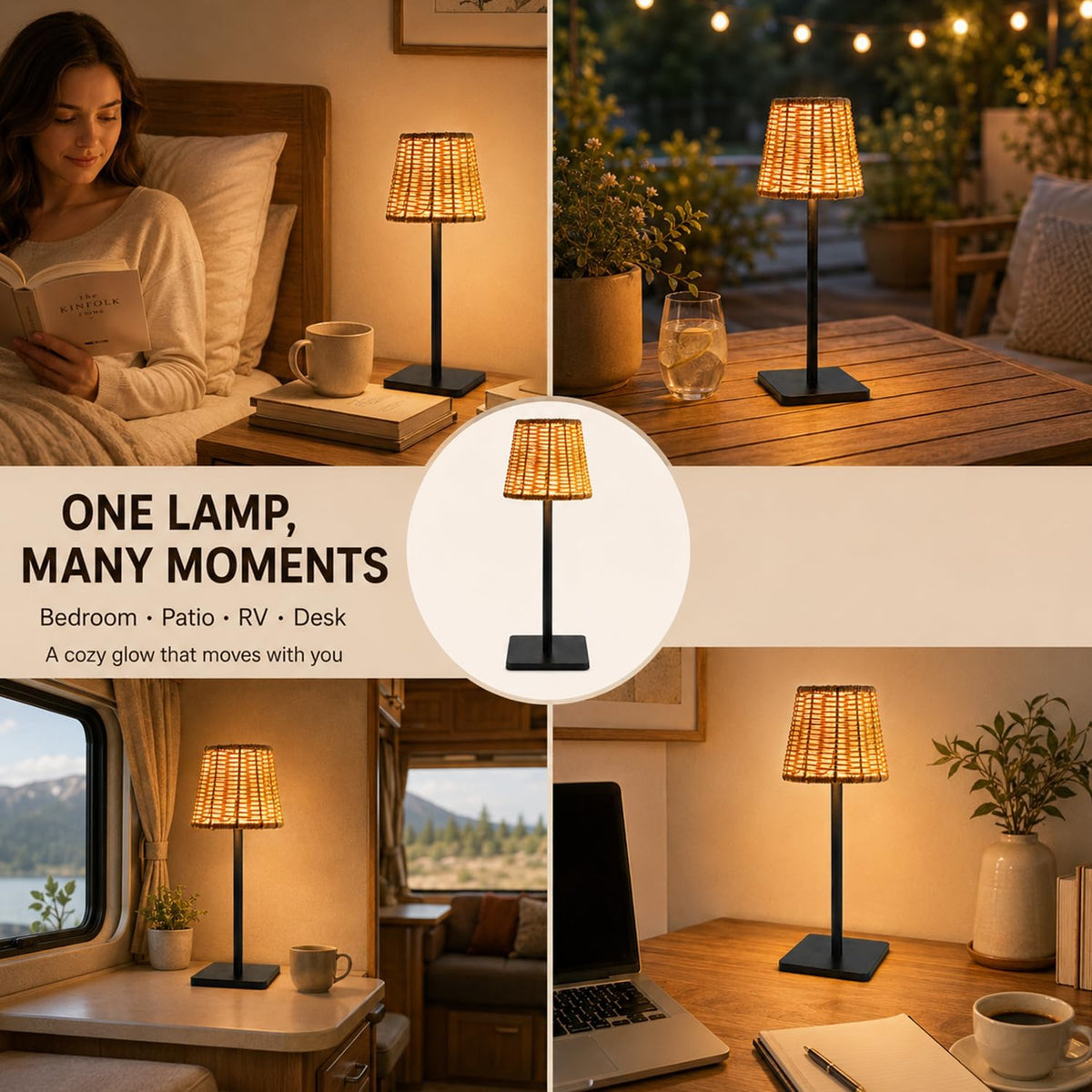 2 Pack Rattan Table Lamp, Rechargeable Small Wicker Lamp | Wedding Cordless Boho Rattan Lamp Shade with Dimmable LED