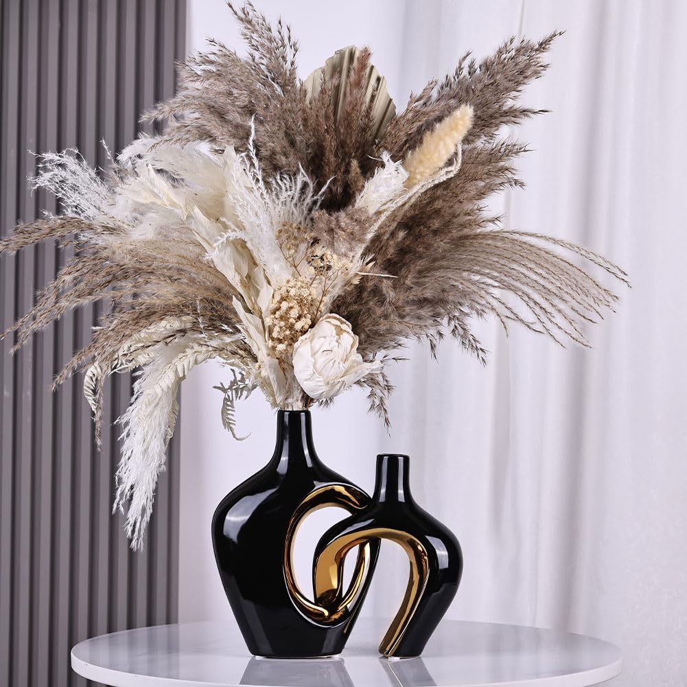 Hollow Ceramic Vase / Black and Gold / Set of 2
