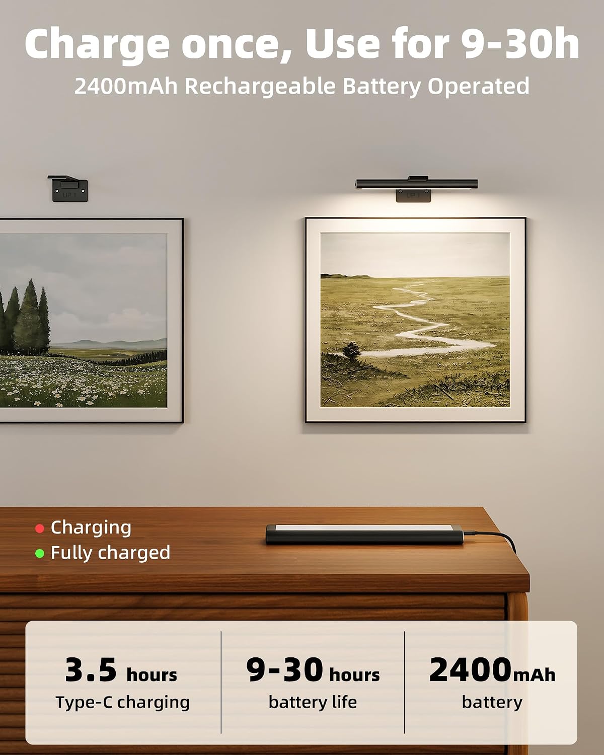 EZVALO RGB Picture Light for Wall, 2400mAh Wireless Rechargeable Color Changing Art Light with Remote, 16 Colors