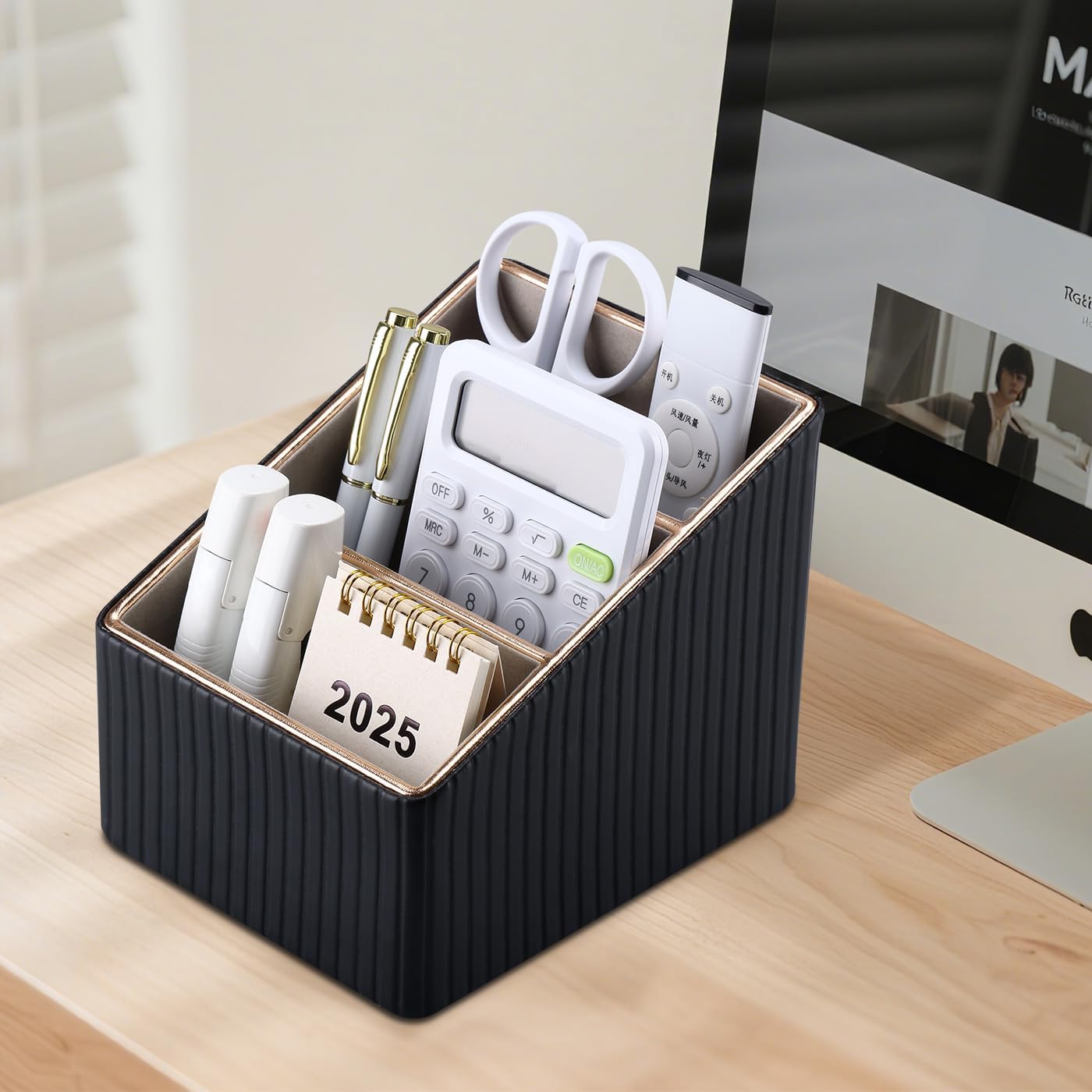 3 Slot PU Leather Remote Controller Holder / Black Striped