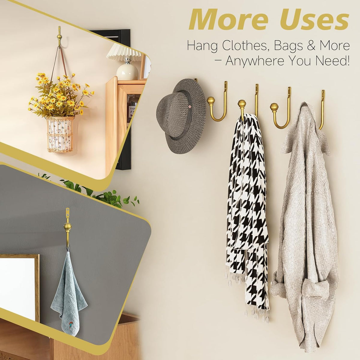 Hion Curtain Holdbacks Gold 6pcs, Curtain Tiebacks Wall Mounted Hooks | Curtain Holders for Drapes, One-Piece Metal