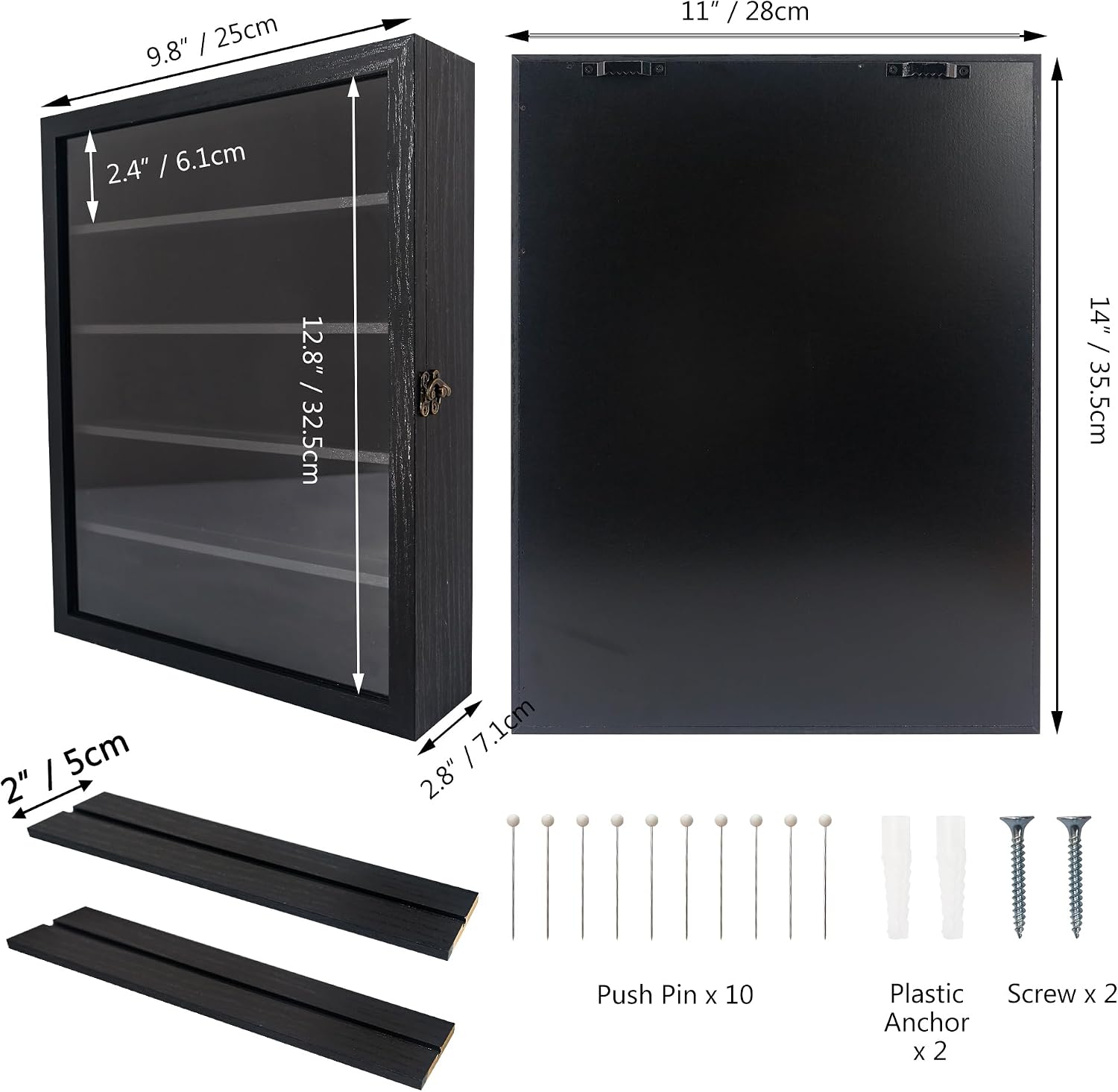 FramePro 11x14 Display Case with Adjustable Shelves Black, 4-Tier Memory Shadow Box for Wall, Deep Wooden Keepsake