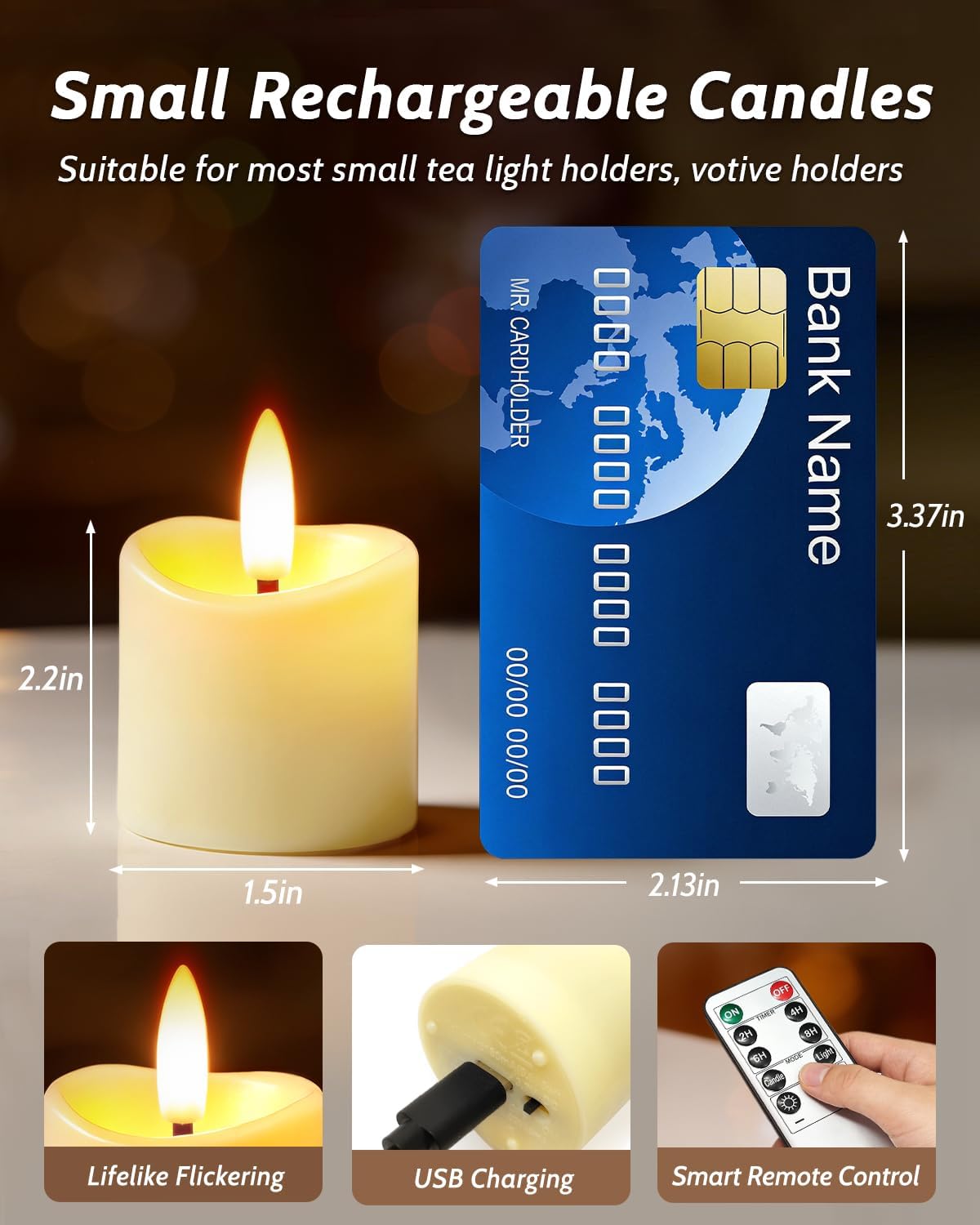 6 Pack Small Rechargeable Flameless Candles with Remote Timer | 1.5"x2" LED Tea Lights Votive Fake Candles Flickering