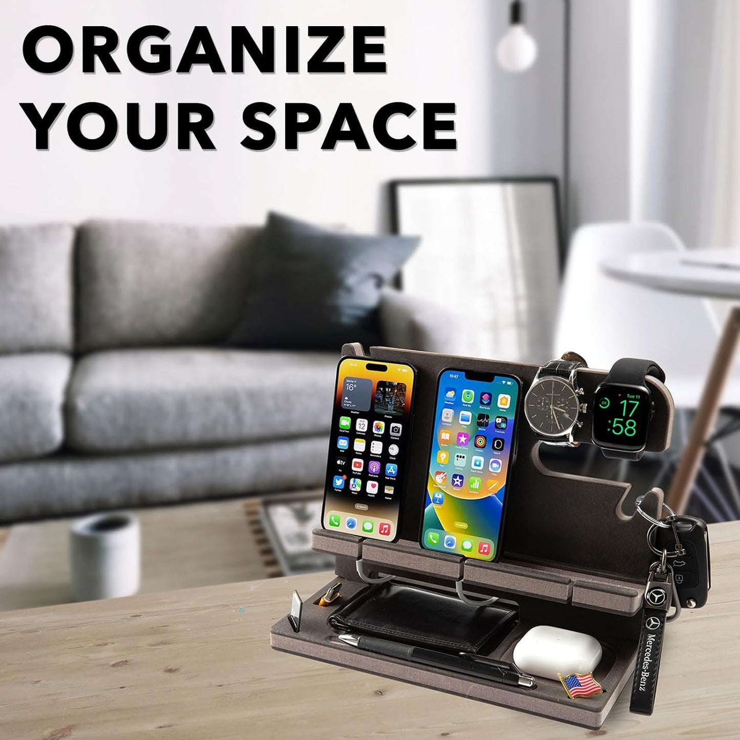 Personalized Wood Docking Station for Cell Phone, Tablet, Wallet, Gadgets, Watch, Keys, Accessories, Essentials Desk