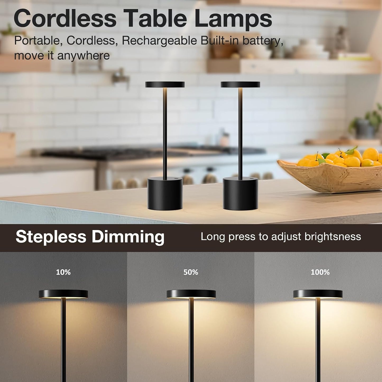 Cordless Rechargeable Table Lamp, 4000mAh Battery Operated, Black, 2 Pack | Wireless LED Lamp, 3 Color Modes, Stepless