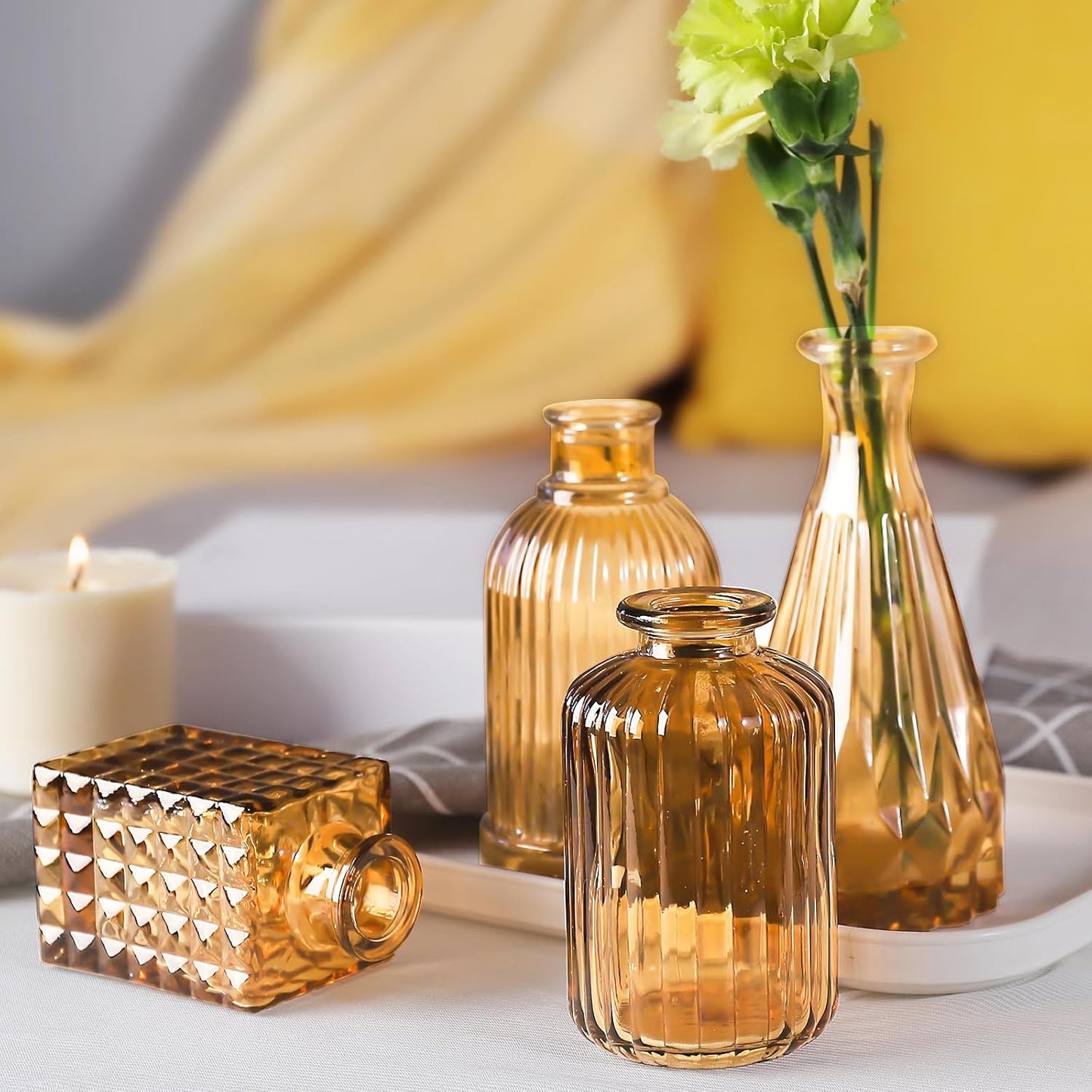 Glass Bud Vases- Set Small Vases for Flowers / Amber Gold / Set of 20