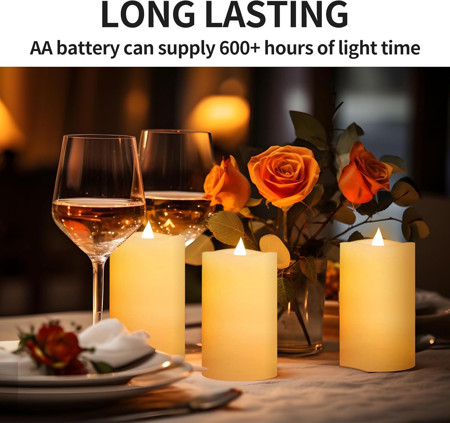 3" x 5" White Flameless Candles Set of 3, 2AA Battery Life 600 Hours Battery Candles Flickering with Timer, 5 inch
