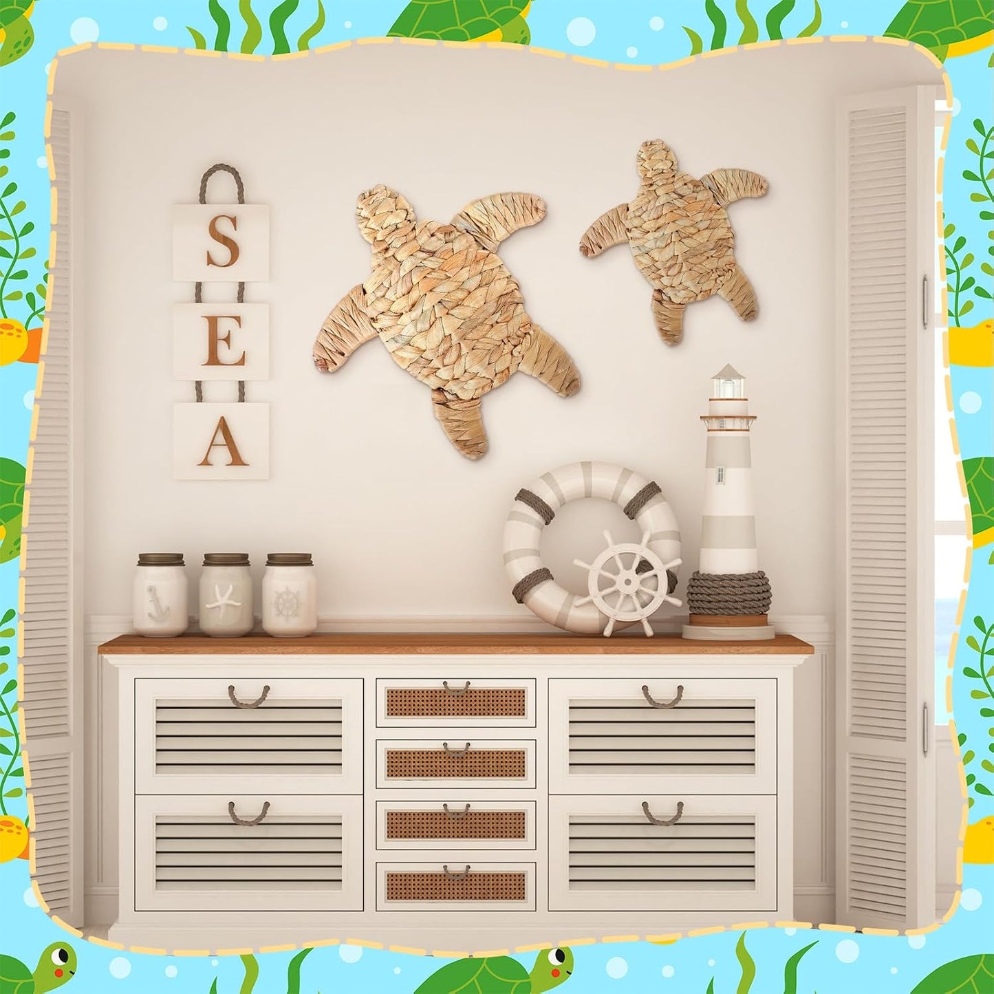 Sea Turtle Beach Theme Decor 2 Size Handmade Wicker Turtle Wall Decor Sea Life Hanging / Set of 2