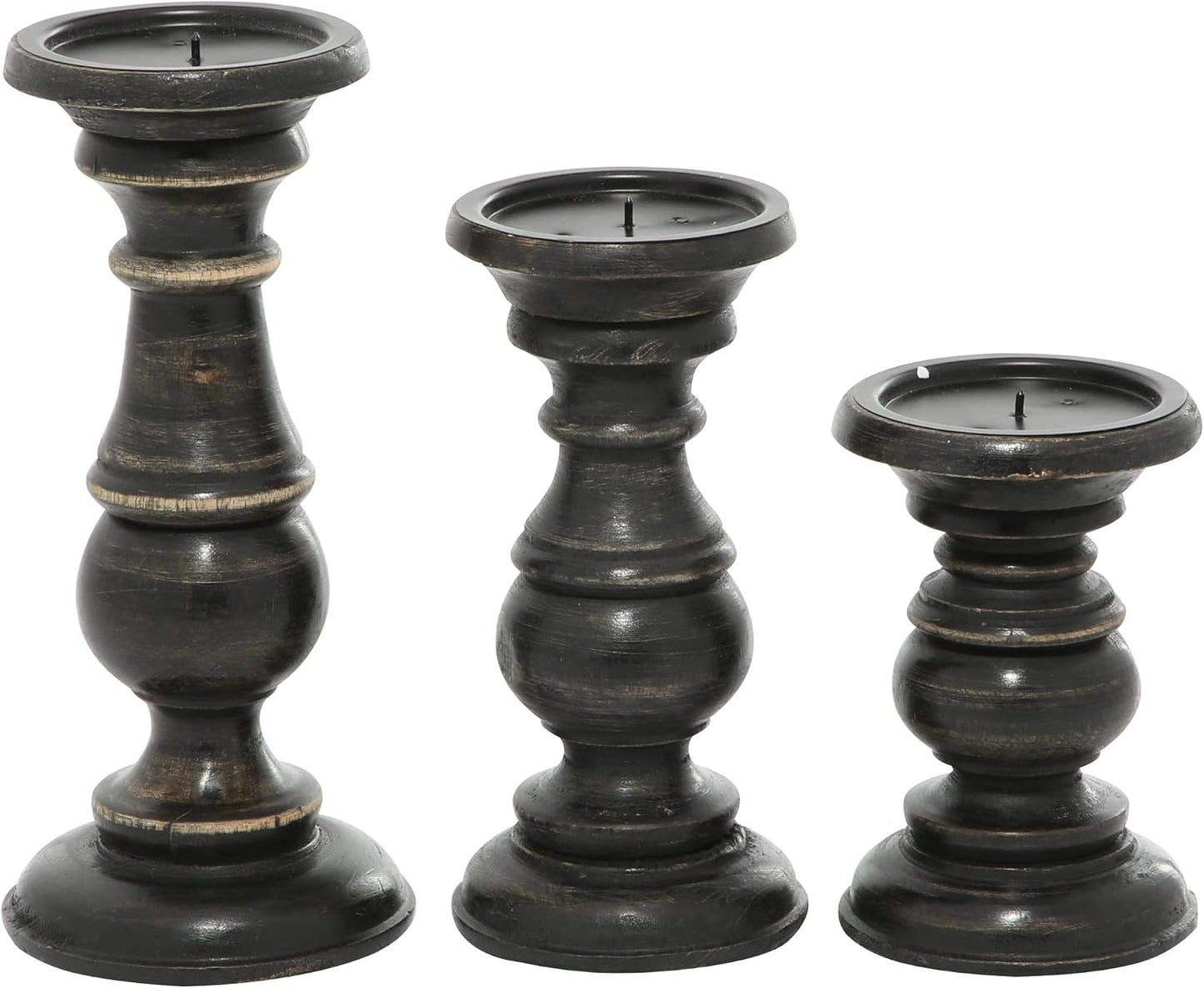 Deco 79 Mango Wood Decorative Candle Holder Distressed Turned Pillar Candle Stand, Set of 3 Candlestick Holder 6", 8"