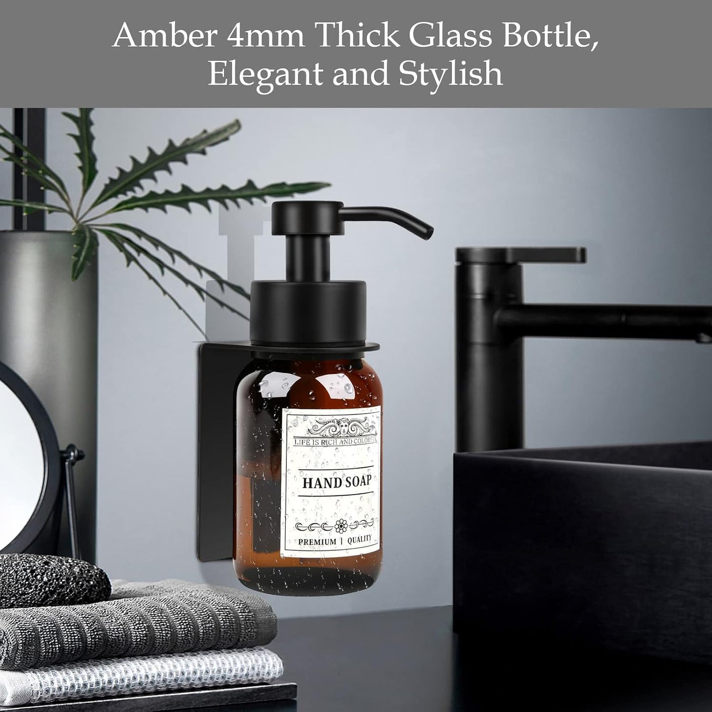Glass Soap Dispenser with Pump and Wall Mount Holder,8.5 Oz Shampoo and Conditioner Dispenser with Waterproof