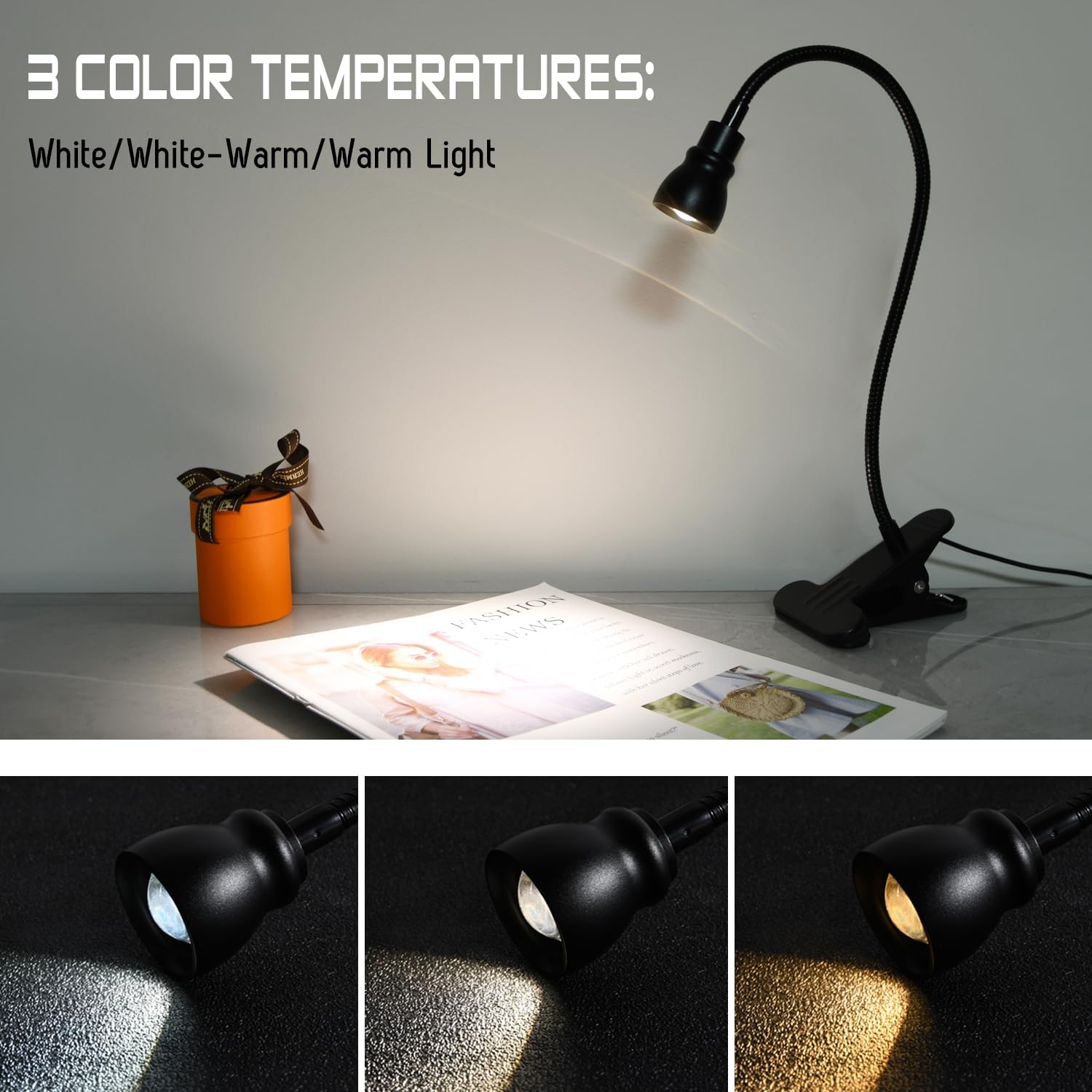 Zoomable Clip on Light, Clamp Reading Light for Dorm Bed Headboard, Dimmable Spotlight with 3 Color Temperature