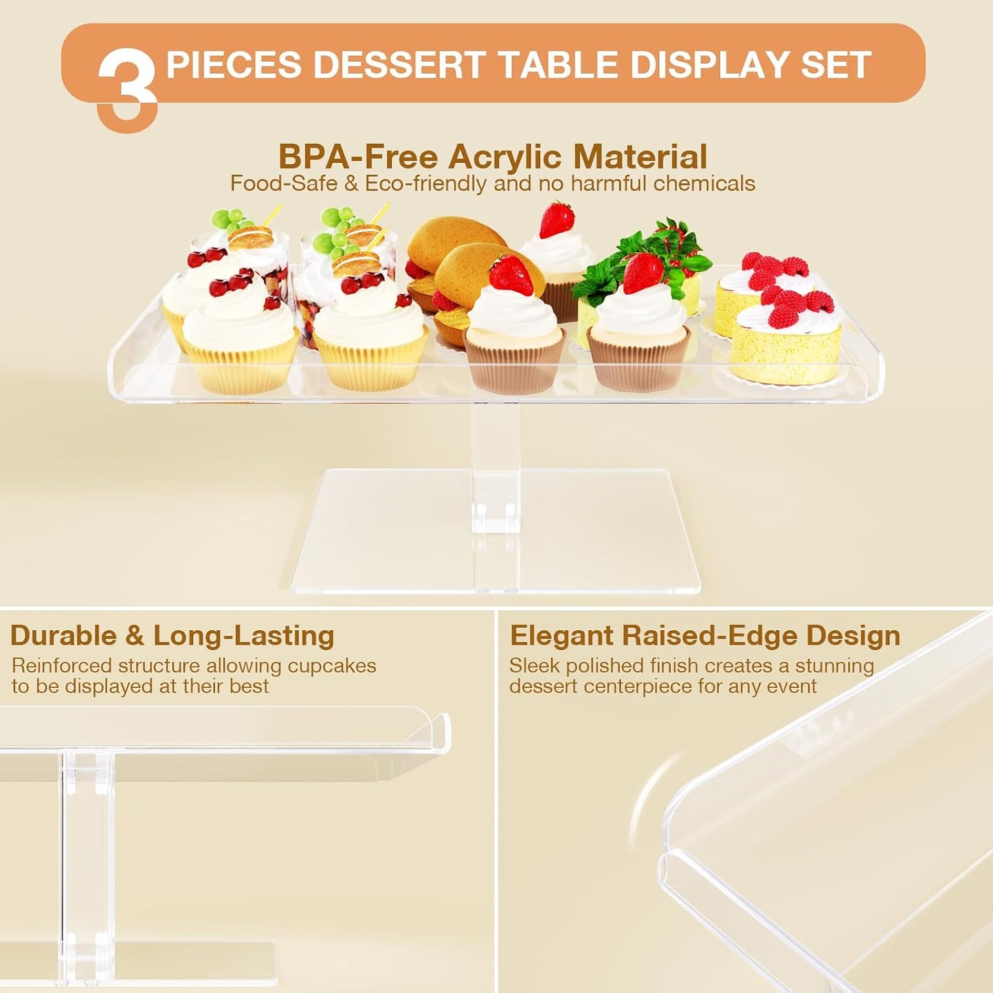 Bakzon Dessert Cupcake Stand, 3 Set Acrylic Tiered Serving Tray for Dessert Table Display, Cup Cake Holder for Tea
