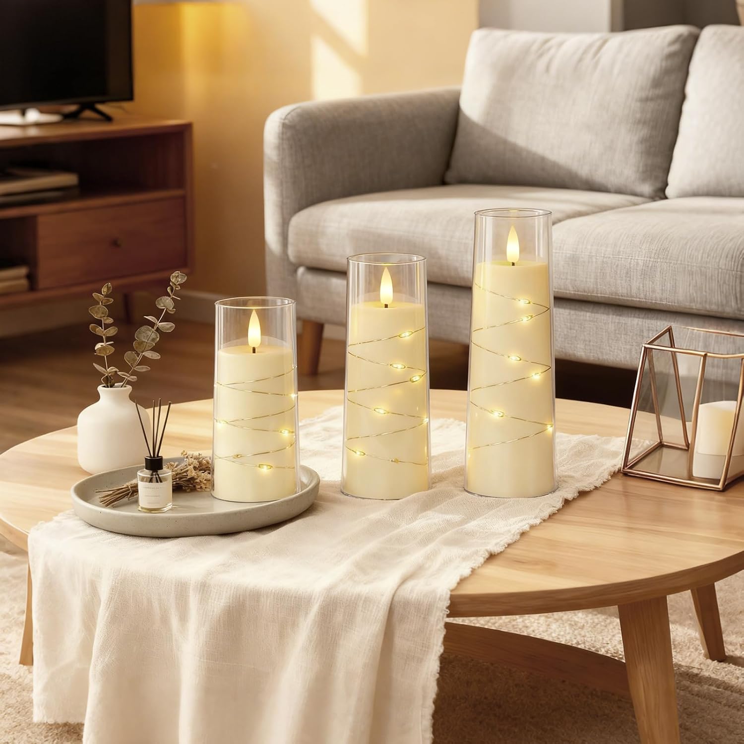 Raycare 9 Pcs Flameless Battery Operated Pillar Candles with Remote Timer | Acrylic LED Candle with Embedded String
