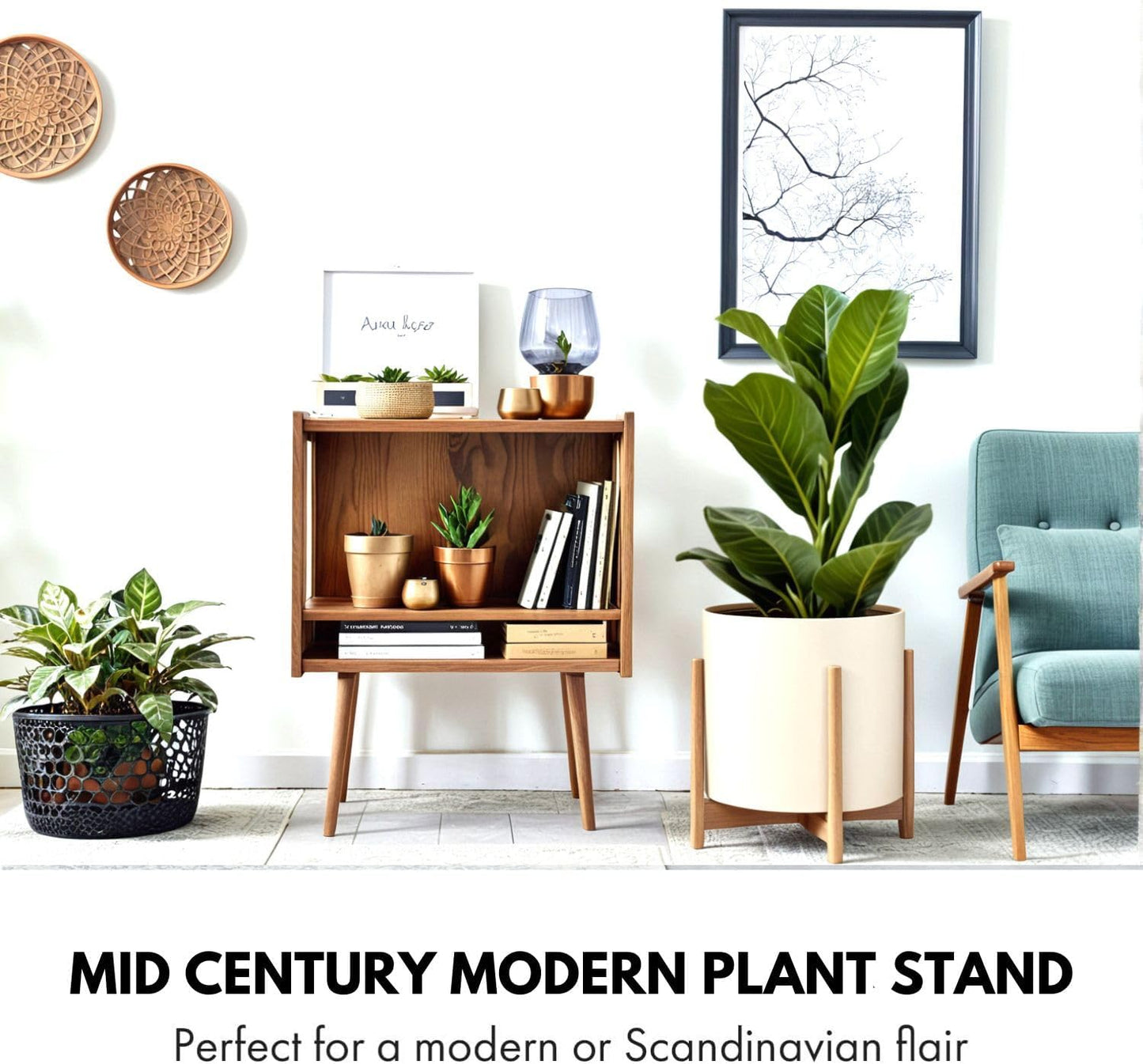 Fox & Fern Mid Century Plant Stands for Indoor Planters, Bamboo, 14.9 Inch | Plug In Design, Holds 200 lbs, Two High