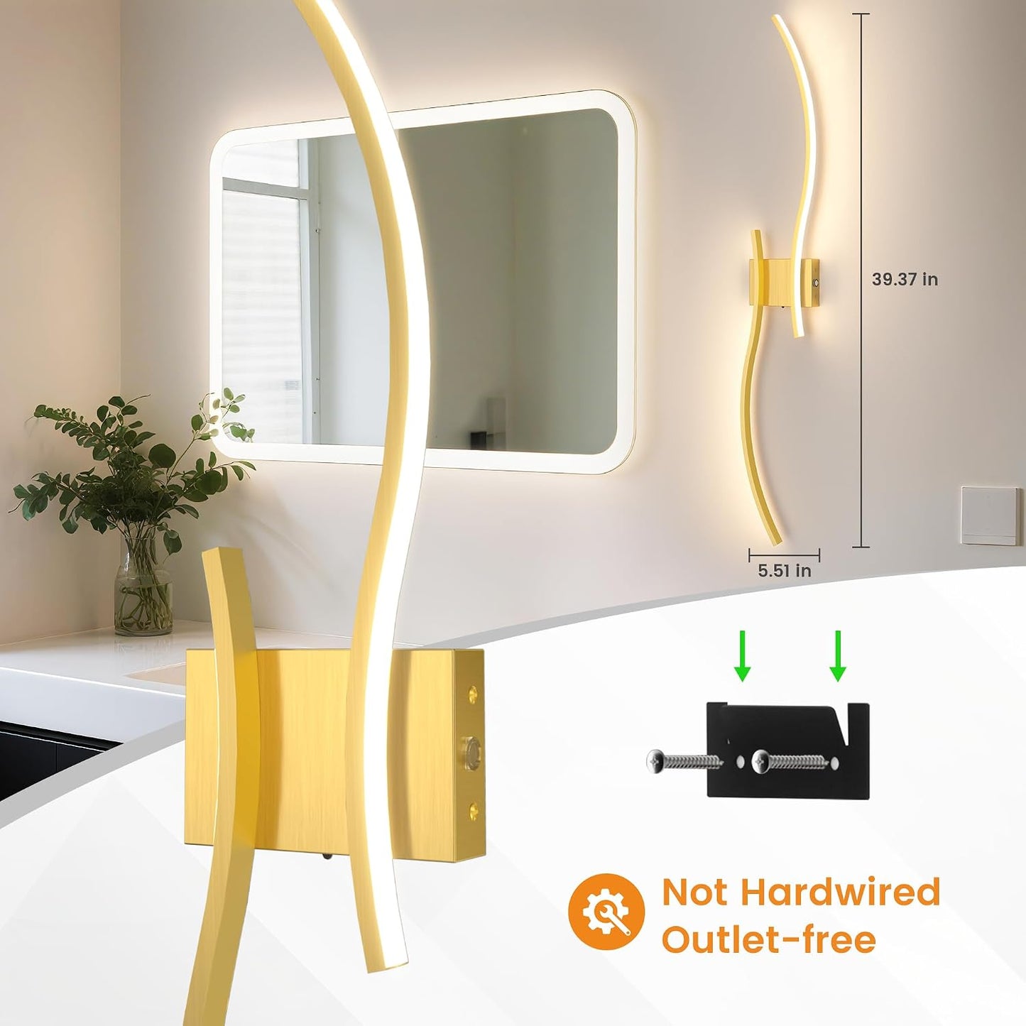 VOLISUN Battery Operated Wall Sconces Set of Two, 39.4 inch Wireless Wall Sconces, 3000K-6500K Dimmable Wall Lamps with