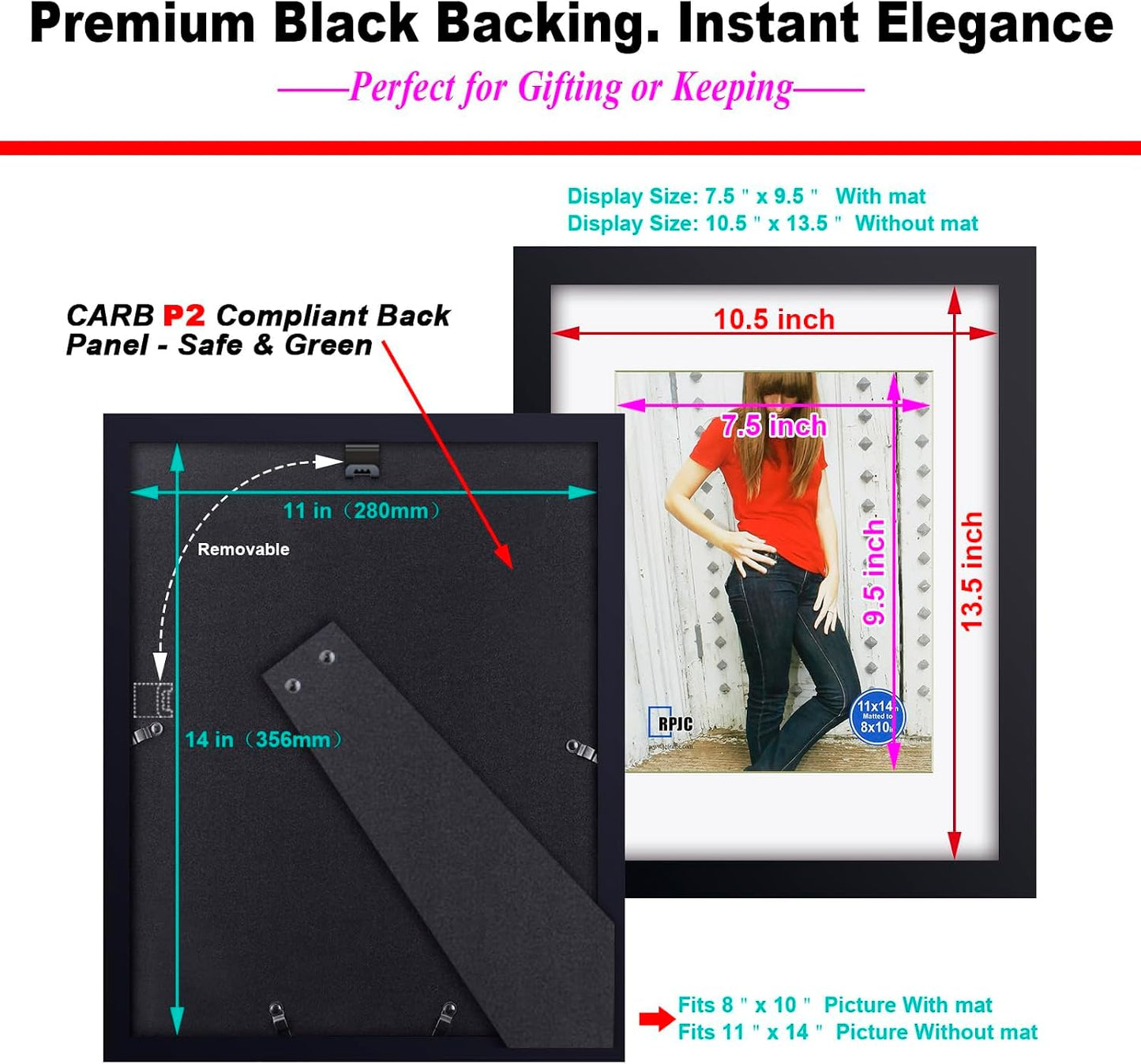 Real Glass Photo Frame / Black / 11 x 14 / Mat