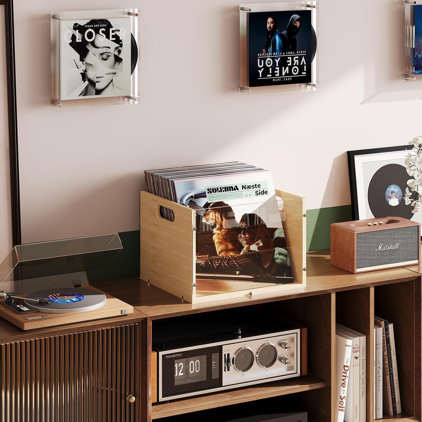 X-cosrack Vinyl Record Storage Crate, Visible Vinyl Record Holder | Acrylic & Bamboo Record Crates with Handle for LP