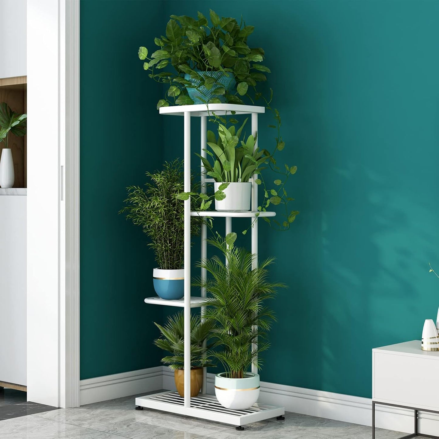 LINZINAR 4 Tier Plant Stand Indoor Outdoor Metal Corner Display Shelf | Space Saving,5 Potted Multiple Flower Pot