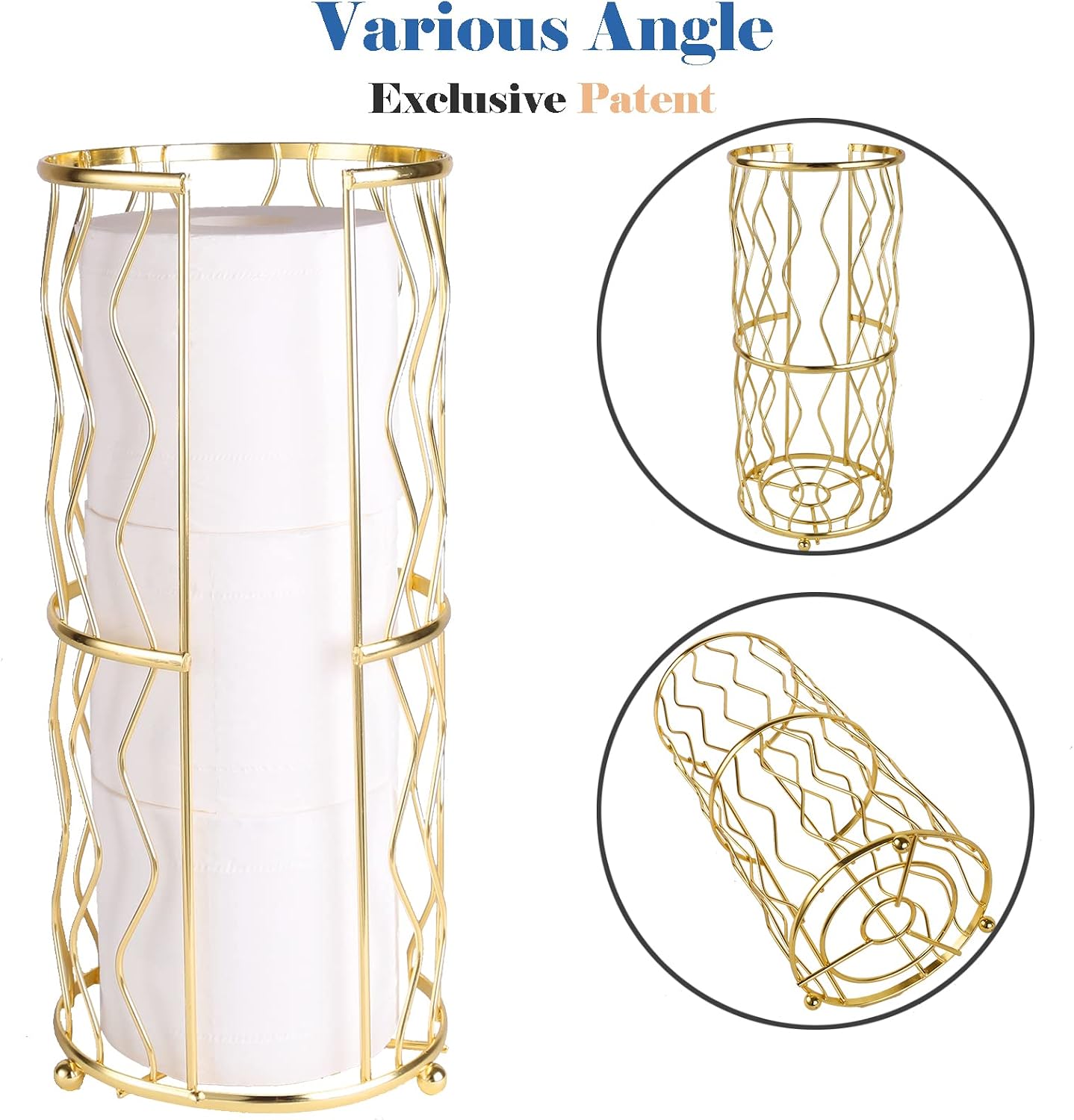 Decorative Metal Standing Toilet Tissue Holder for Bathroom/Powder Room, Compact Tissue Reserve for 3 Rolls of Toilet