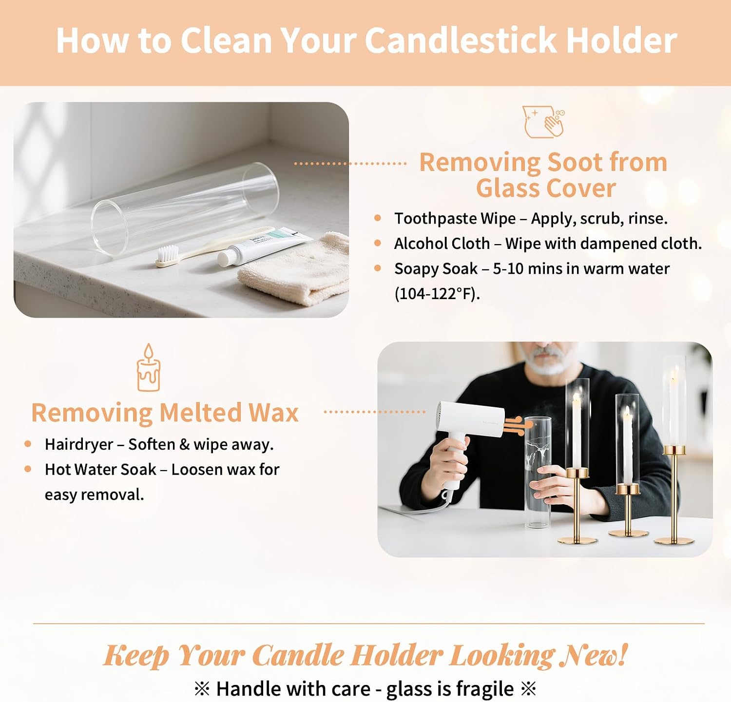 Nuptio Gold Candlestick Holder Tall Hurricane Candle Holder Set of 3 Taper Candle Holders Candle Stand Glass Cover