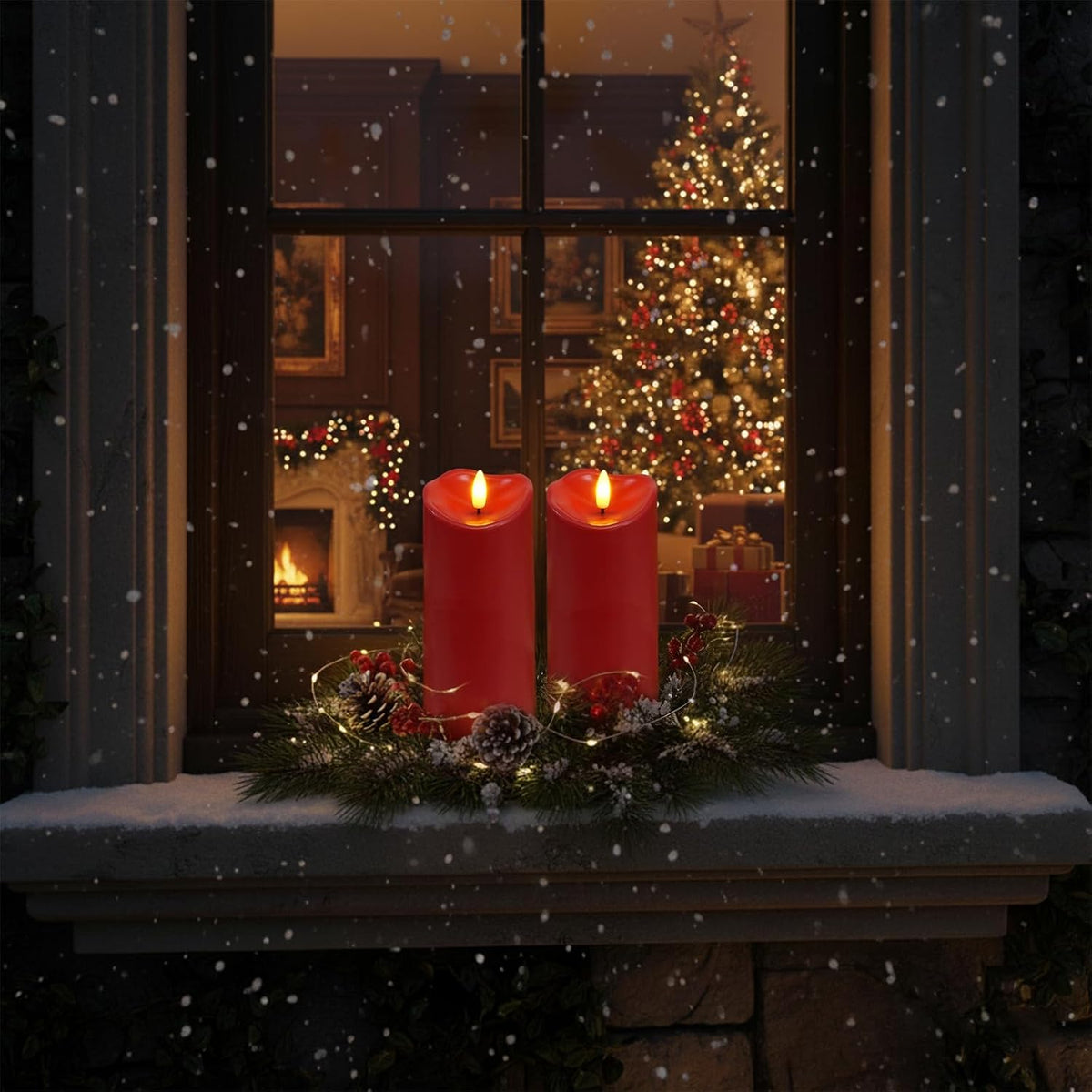 Homemory Burgundy Flameless Candles, Waterproof Flickering Candles, Outdoor Battery Operated LED Pillar Candles with