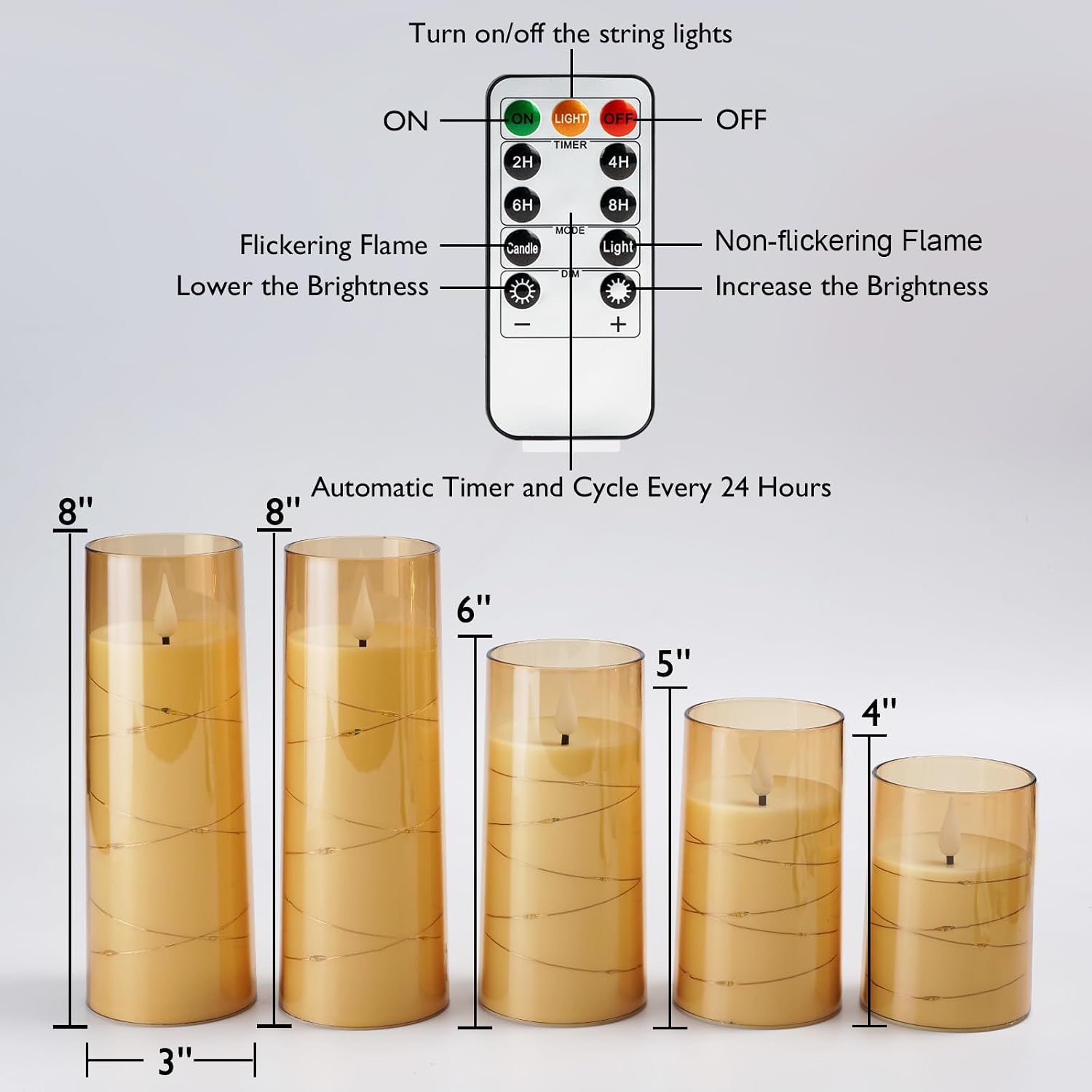 Homemory Acrylic Flameless Candles with Embedded Star String Fairy Lights, Battery Operated Candle, LED Candles, Fake