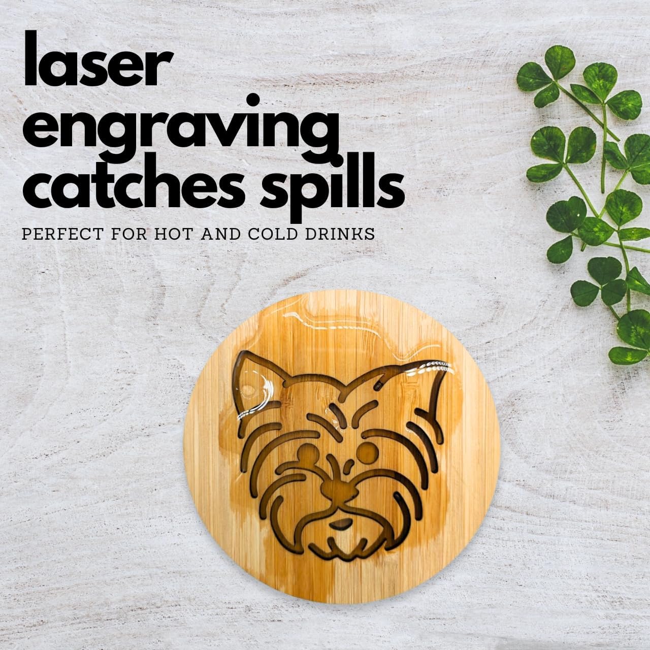 Iron Holder / Bamboo Laser-Engraved Fun Dog Coasters / Yorkie / 3.9 Inch / Set of 6