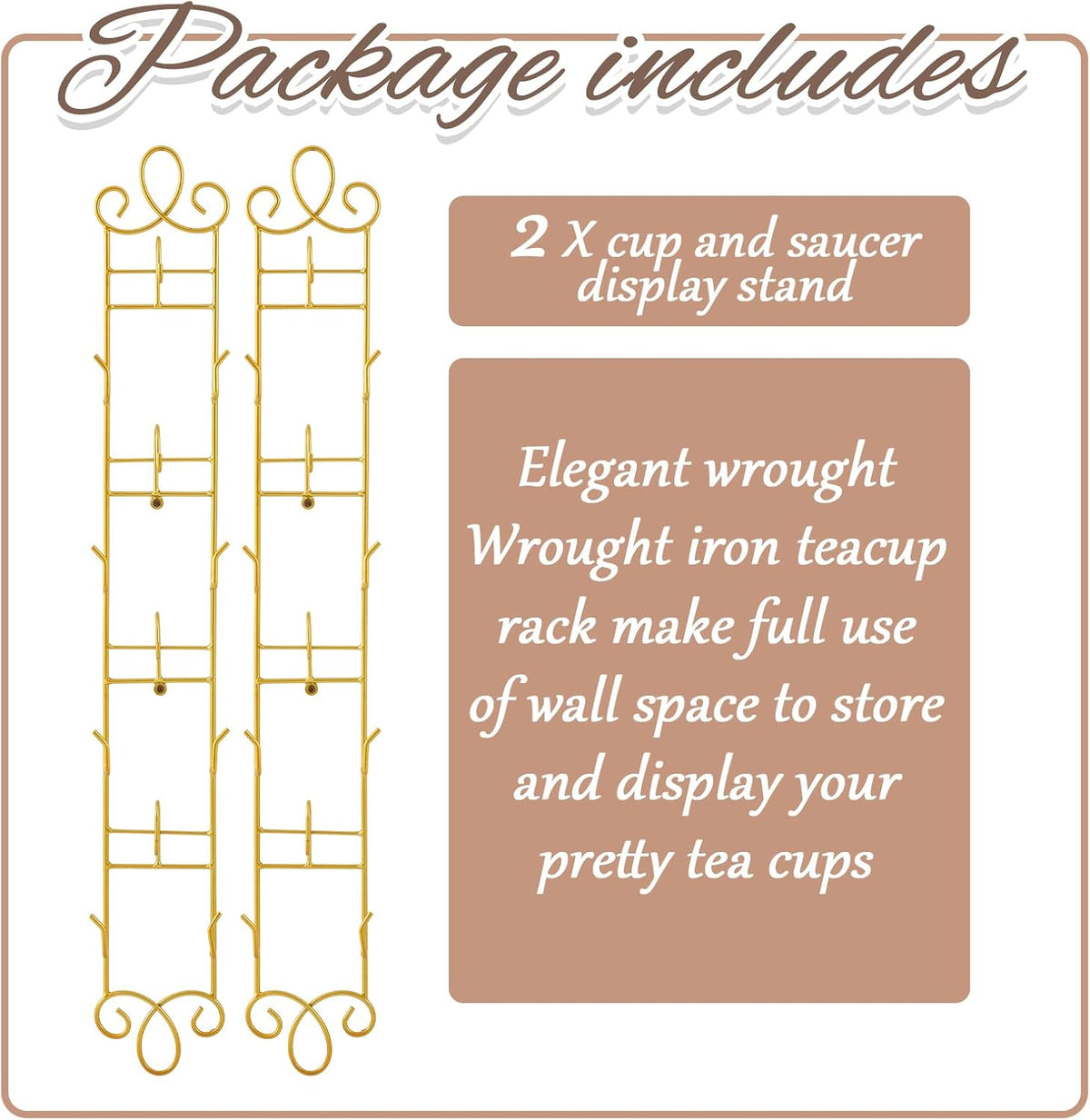 Blulu 2 Pcs Wall Mounted Tea Cup & Saucer Display Rack 4 Tiers,Gold | 36 x 5 Inch Vertical Metal Mug & Plate Hanger for