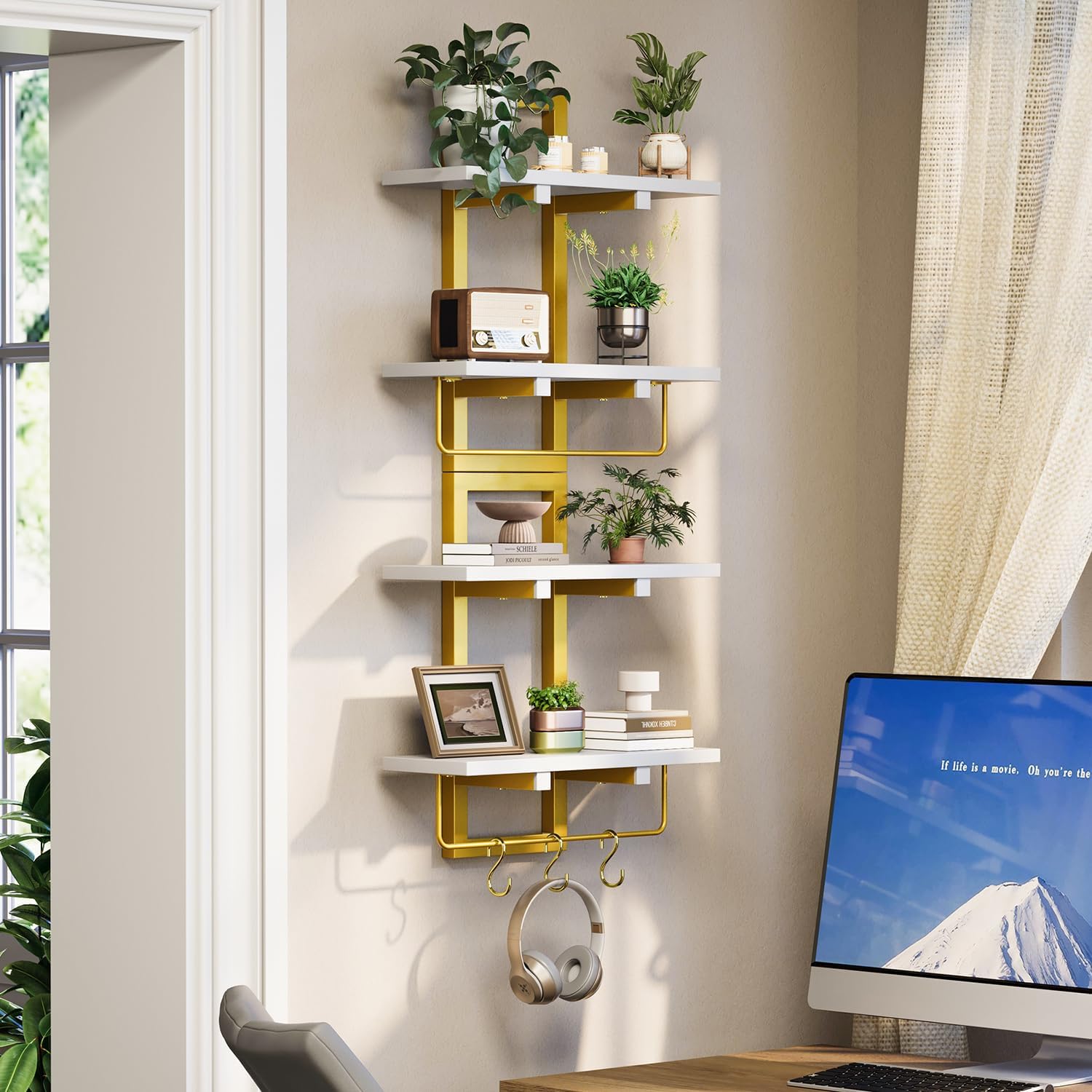 Floating Shelves / Wall Mounted Storage Shelves / White + Gold / Set of 2