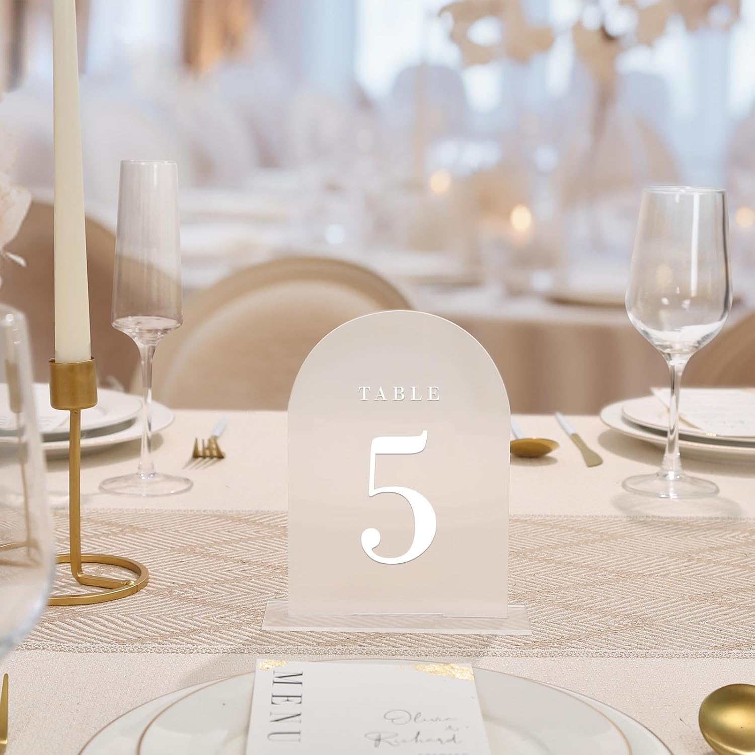 UNIQOOO Frosted Arch Wedding Table Numbers with Stands 1-20, 5x7" Acrylic Display Signs and Holders, Pack of 20
