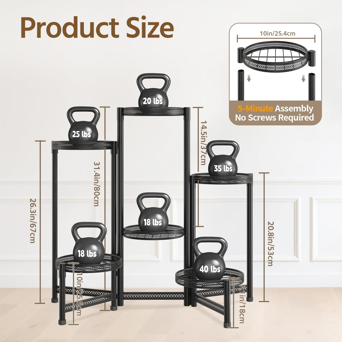 LASZOLA Plant Stand Indoor Outdoor Tall with 10 Inch Larger Tray, Black | 5 Tier Heavy Duty Metal Adjustable Multiple