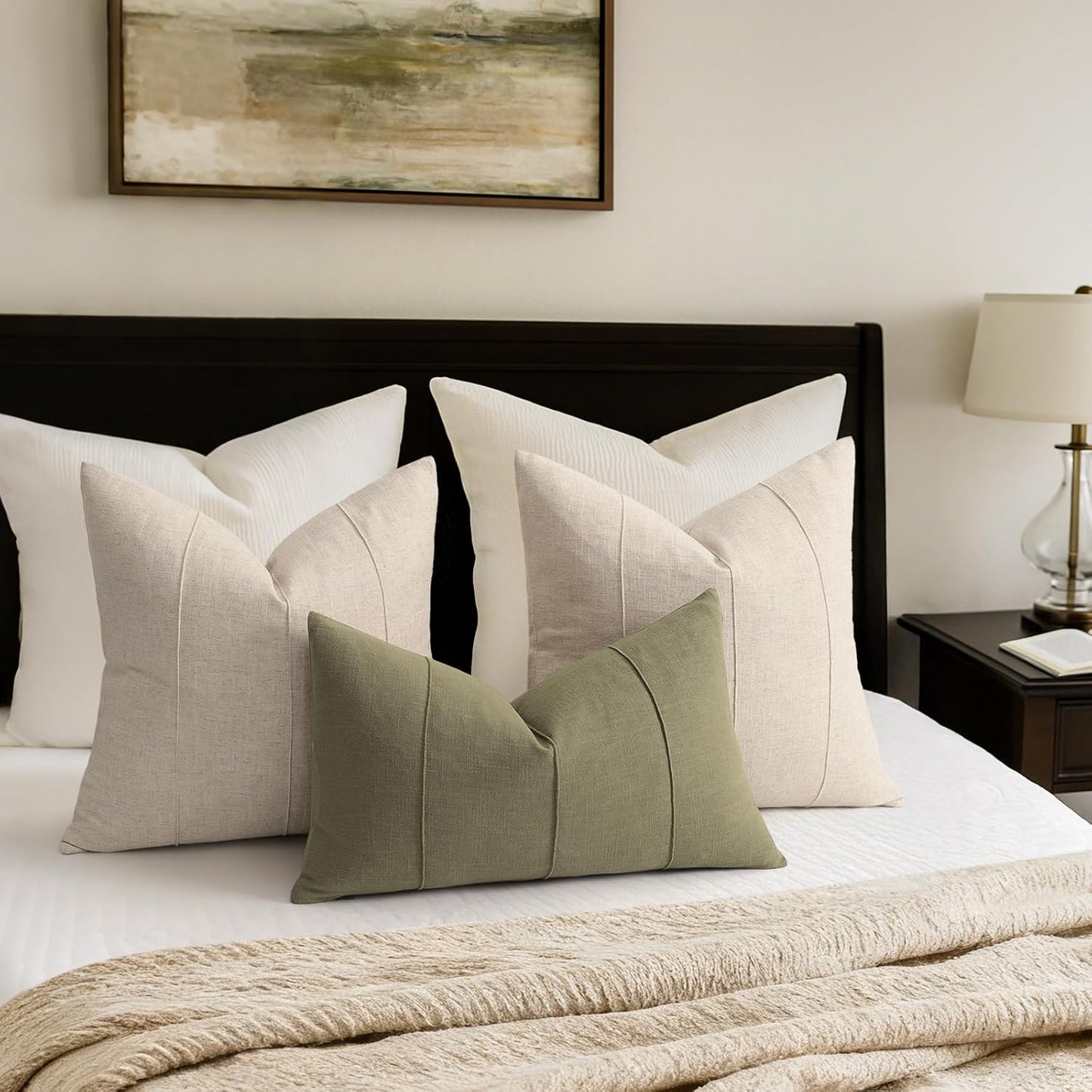 Decorative Linen Throw Pillow Covers Solid handcrafted Striped / Natural Beige / 18 x 18 / Set of 2