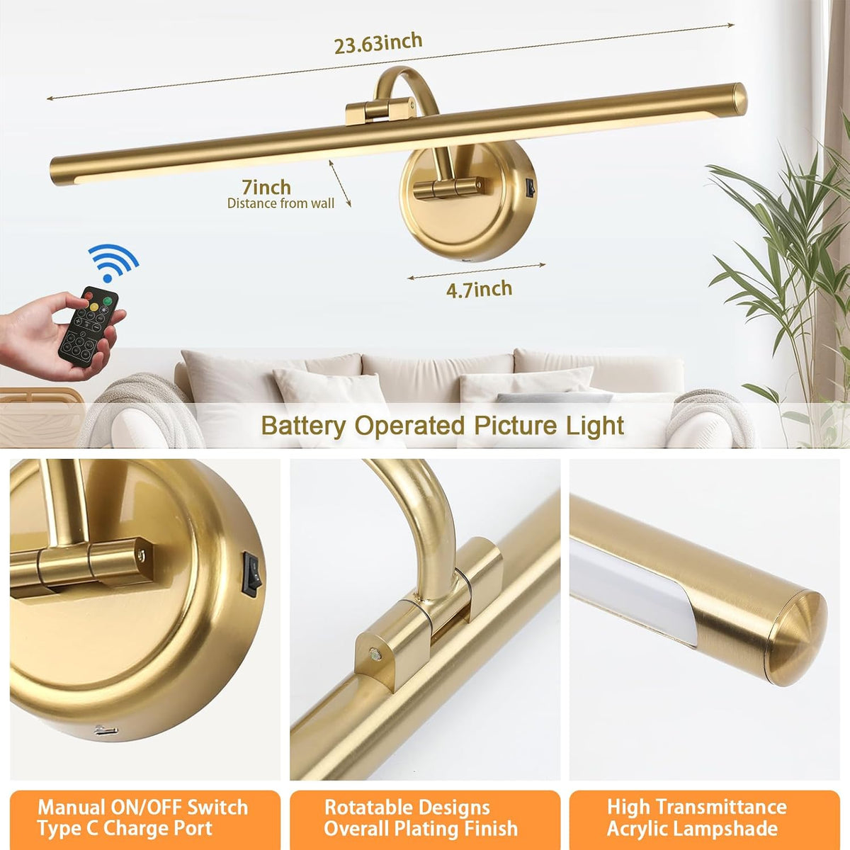 Picture Light for Wall, Dimmable Battery Operated Art Light, Picture Frame Light with Remote & Timer, Cordless Wall