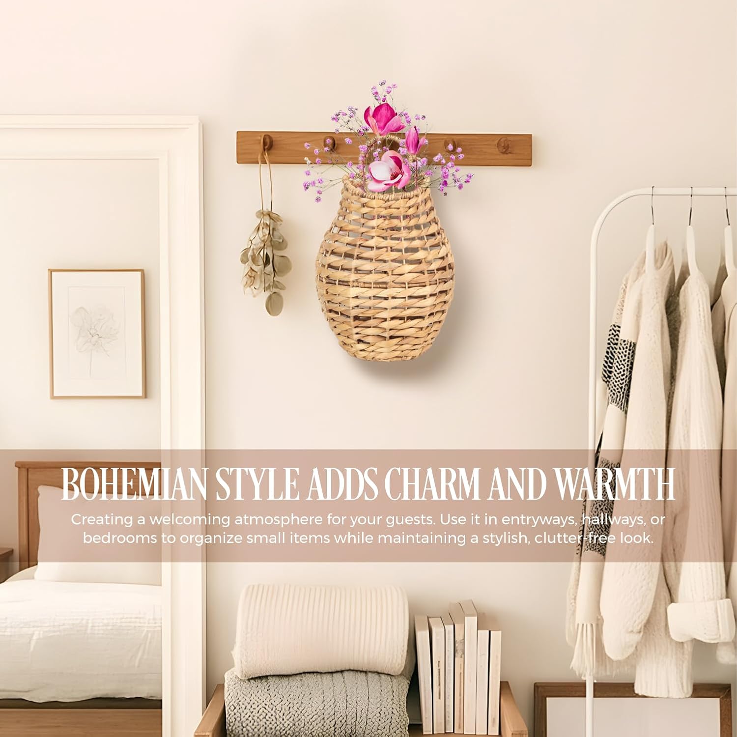 Handwoven Wall Hanging Water Hyacinth Basket for Front Door Flowers & Home Decor / Model 1 / Natural