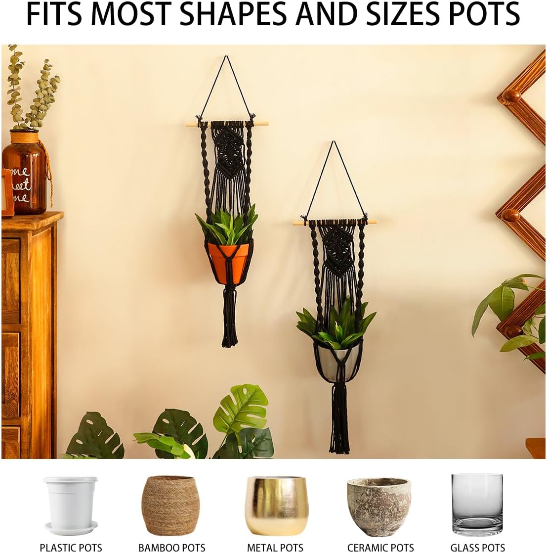 Black Plant Hanger Macrame Hanging Planter / Black Wood Hanger / Set of 2