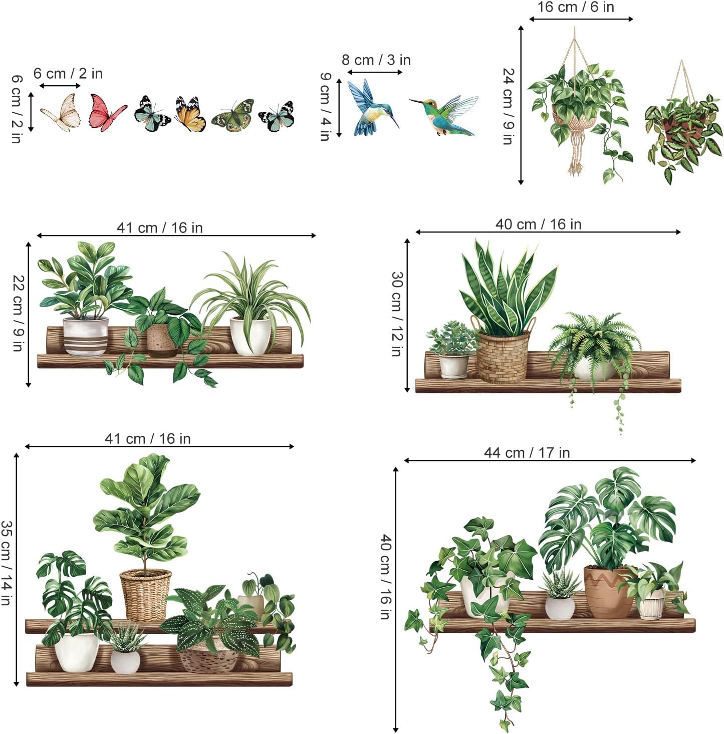 Pot Plants Wall Stickers Leaves Potted Plant Butterfly Bird Peel and Stick Wall Art Decals / Green