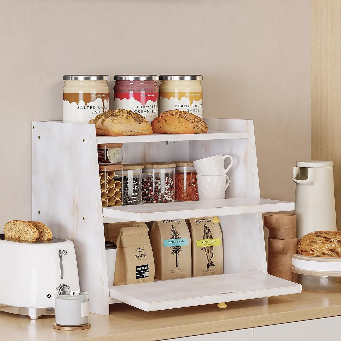 Trironsun Vintage Double Layer Bread Box for Kitchen Counter Bamboo Bread Storage Container Large Capacity Bread