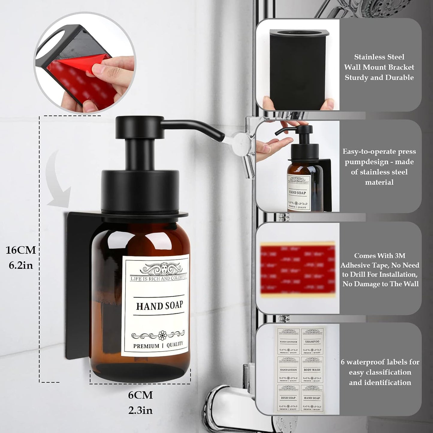 8.5oz Brown Glass Soap Dispenser 2 Pack for Kitchen Bathroom Black | Leakproof conditioner and hand soap pump set with