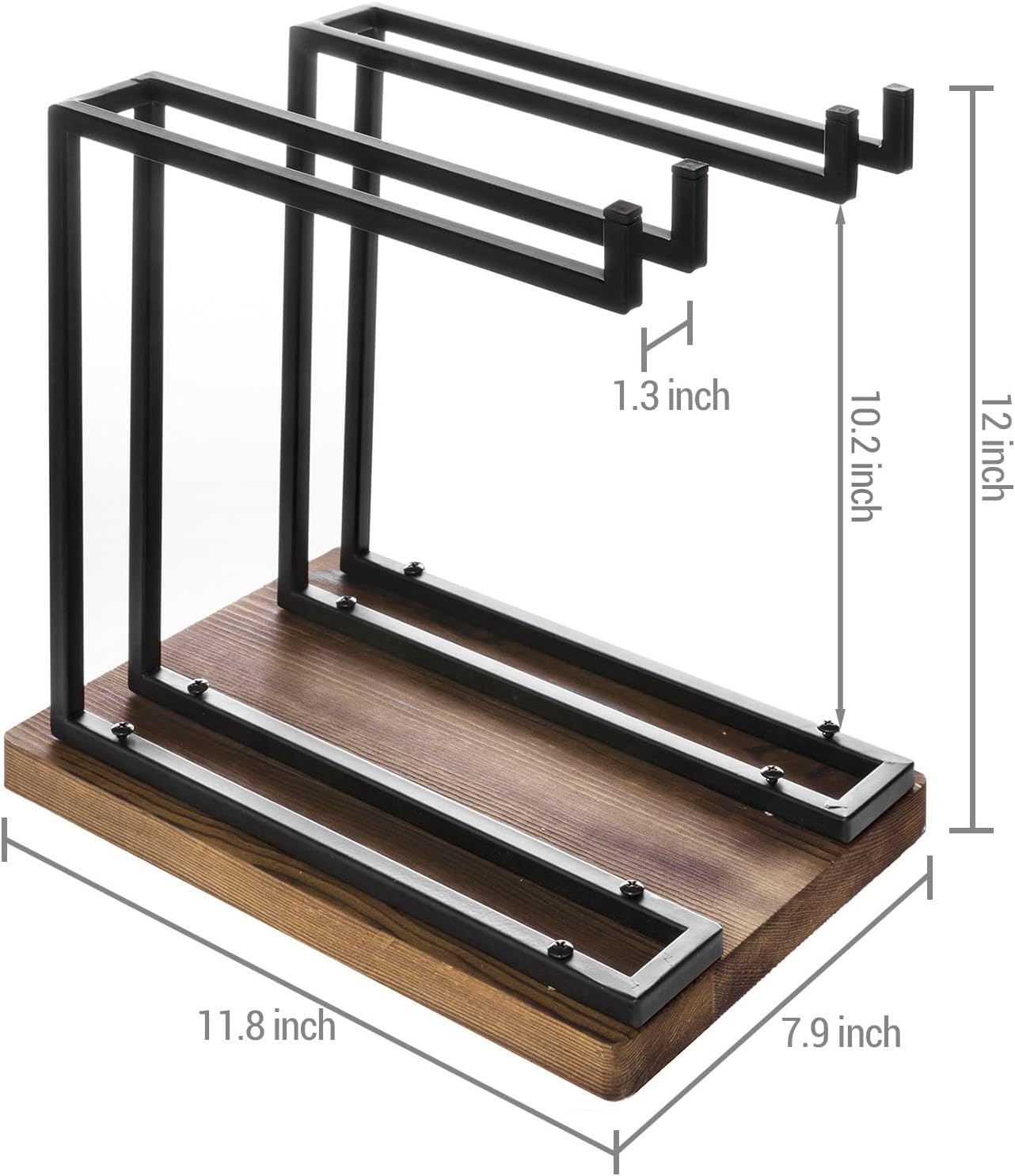 MyGift Countertop Wine Glass Holder with Rustic Wood Base, Industrial Metal | 2 Hanging Bars Store Stemware for