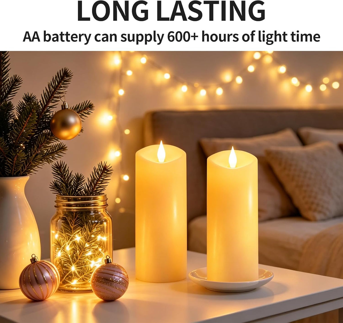 Flameless LED Candles 3"x8" Set of 2, Battery Operated with Remote & Timer, 600-Hour on 2 AA Batteries, Flickering