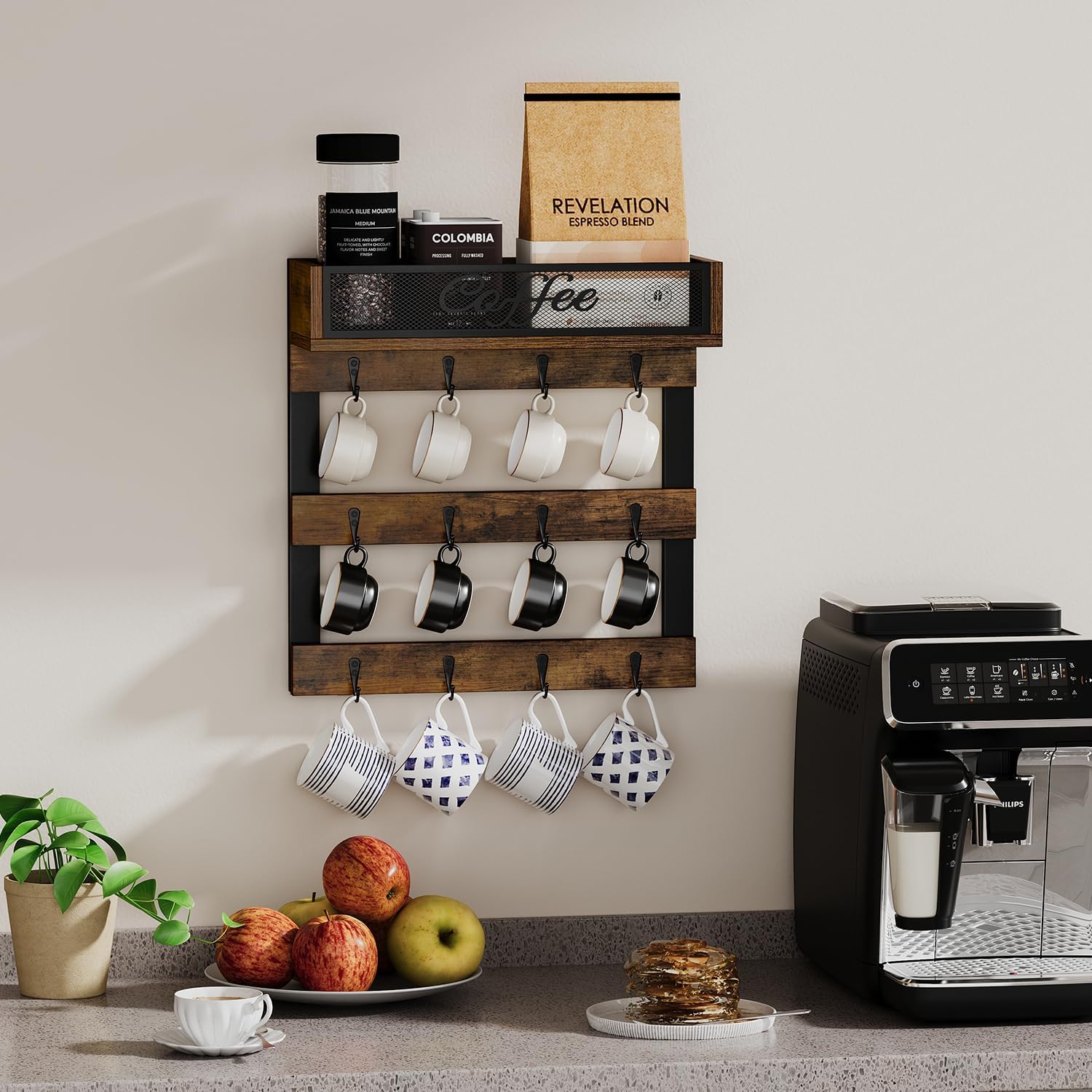 YINMIT Coffee Cup Holder Wall Mounted, 12-Hook Mug and Shelf for Coffee Bar | Rustic Coffee Mug Holder with Plus a Top