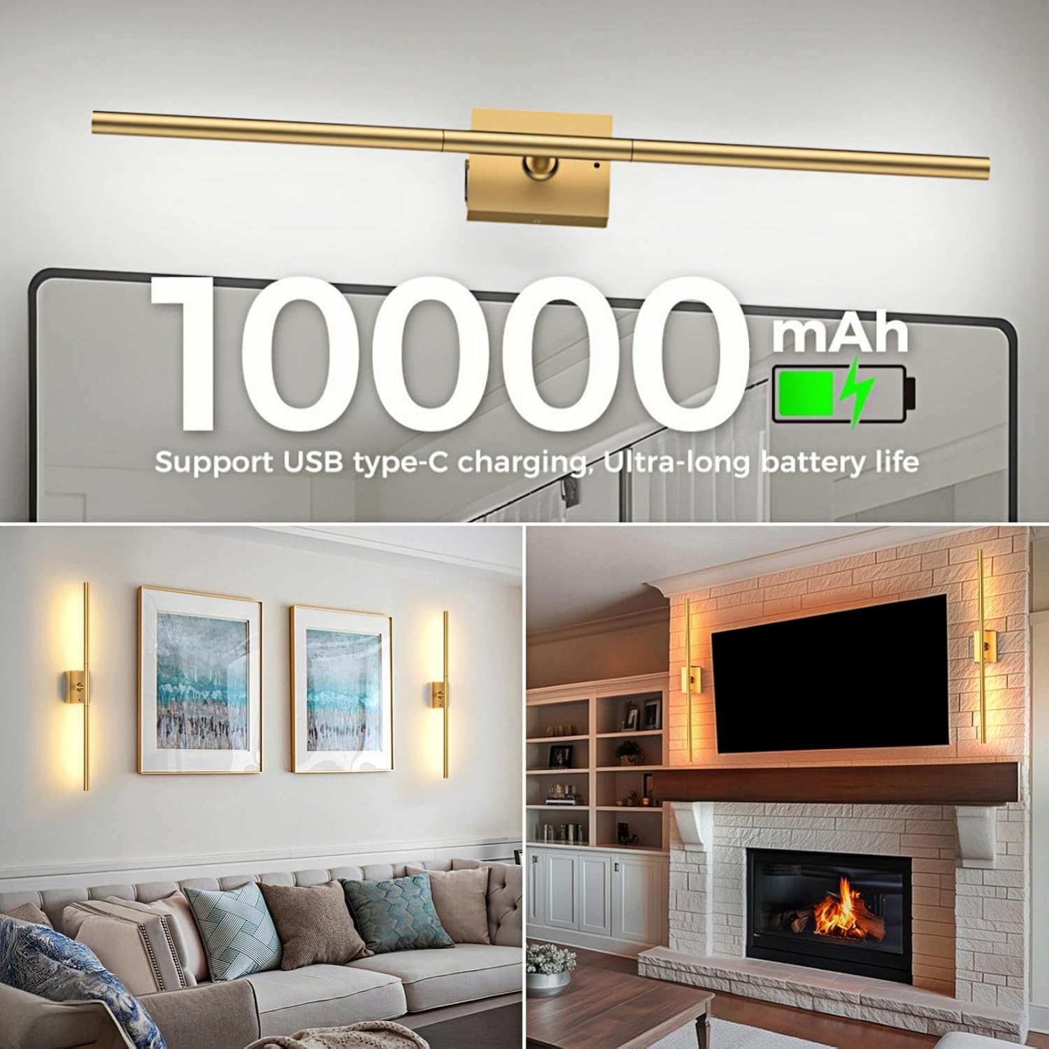 Battery Operated Wall Sconces Set of 2, 10000mAh, Gold | remote control and 360° rotation, for picture display TV wall