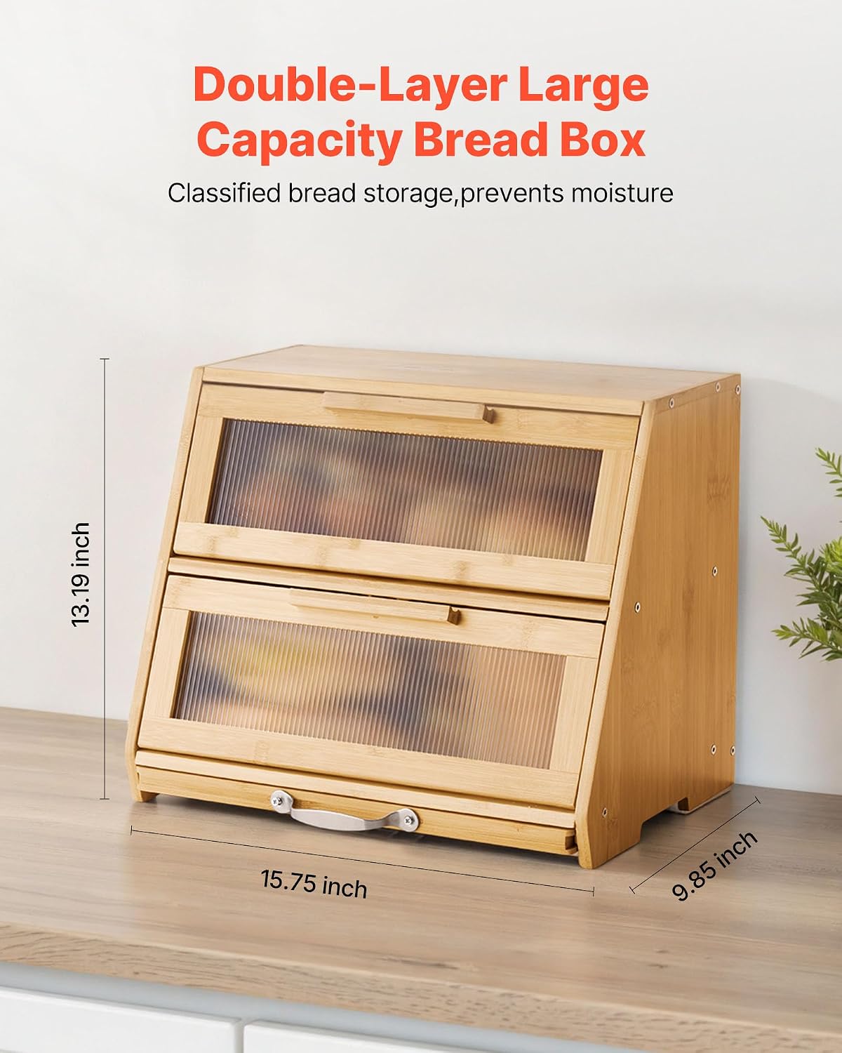 VEVOR Double Layer Bread Box for Kitchen Counter, Large Capacity Bamboo Bread Storage Container, Farmhouse Wooden