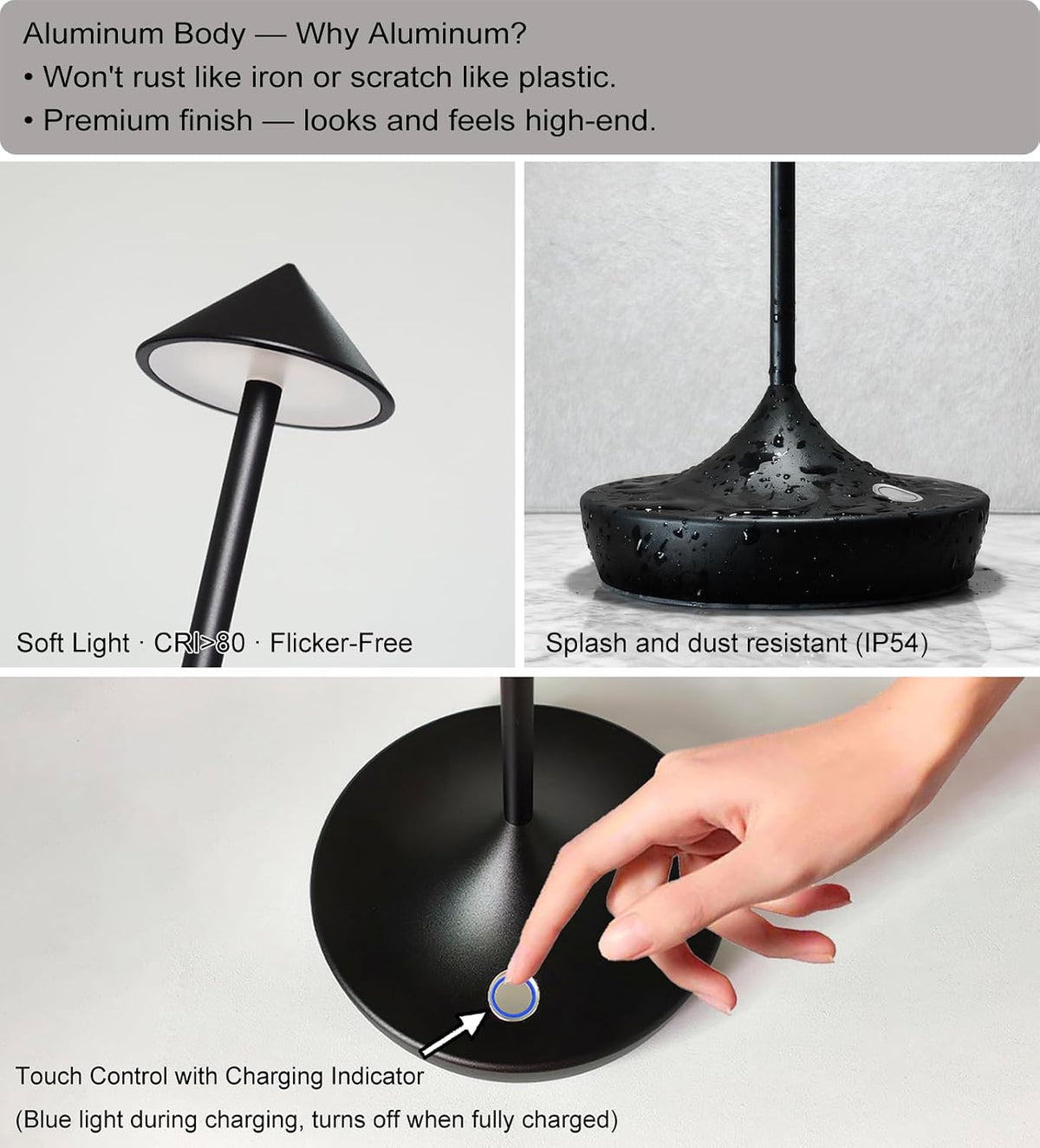 2-Pack Cordless Rechargeable LED Table Lamp (Black) | 6000mAh Battery, 3-Color Stepless Dimming, IP54 Waterproof &